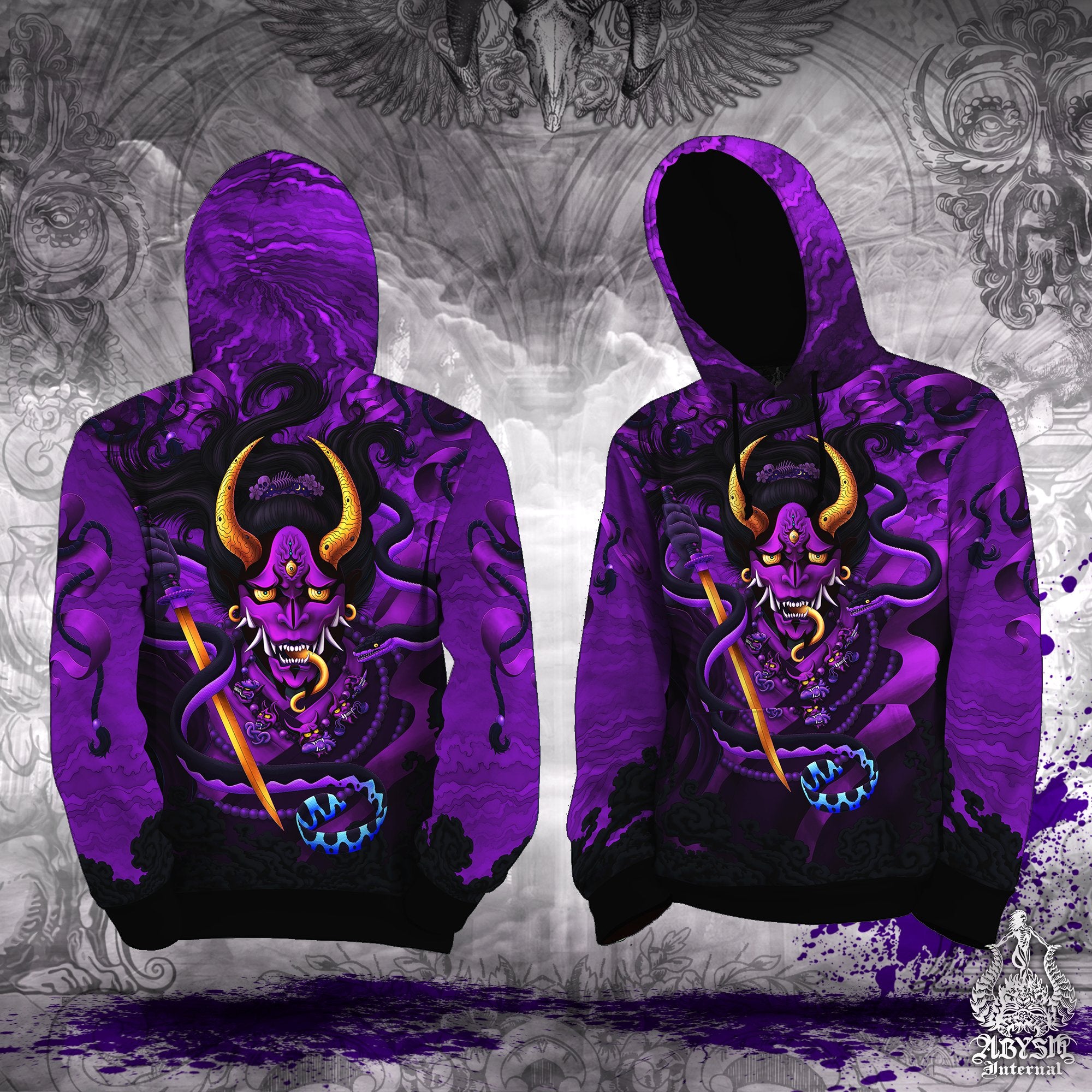 Graffiti Hoodie, Japanese Demon Sweater, Anime and Manga Streetwear, Oni  and Snake Street Outfit, Pastel Goth Pullover, Alternative Clothing, Unisex  - Hannya, Purple and Black | Abysm Internal