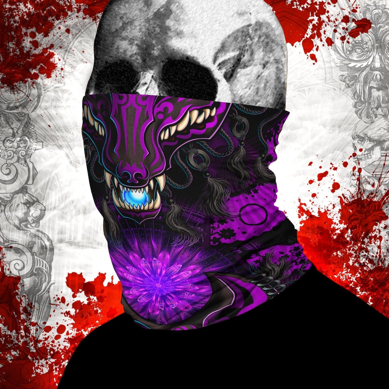 Anime Gaiter, Face Mask, Head Covering, Japanese, Fox, Okami, Gamer Gift - Goth, Black & Purple - Abysm Internal