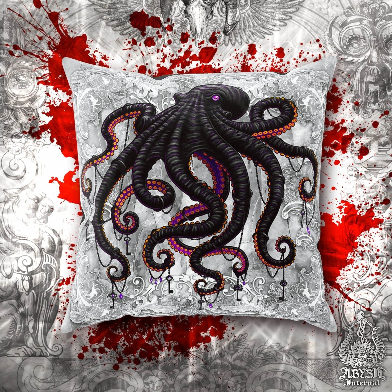 Goth Throw Pillow, Decorative Accent Pillow, Square Cushion Cover, Gothic  Room Decor, Dark Art, Alternative Home - Bloody White and Red Octopus