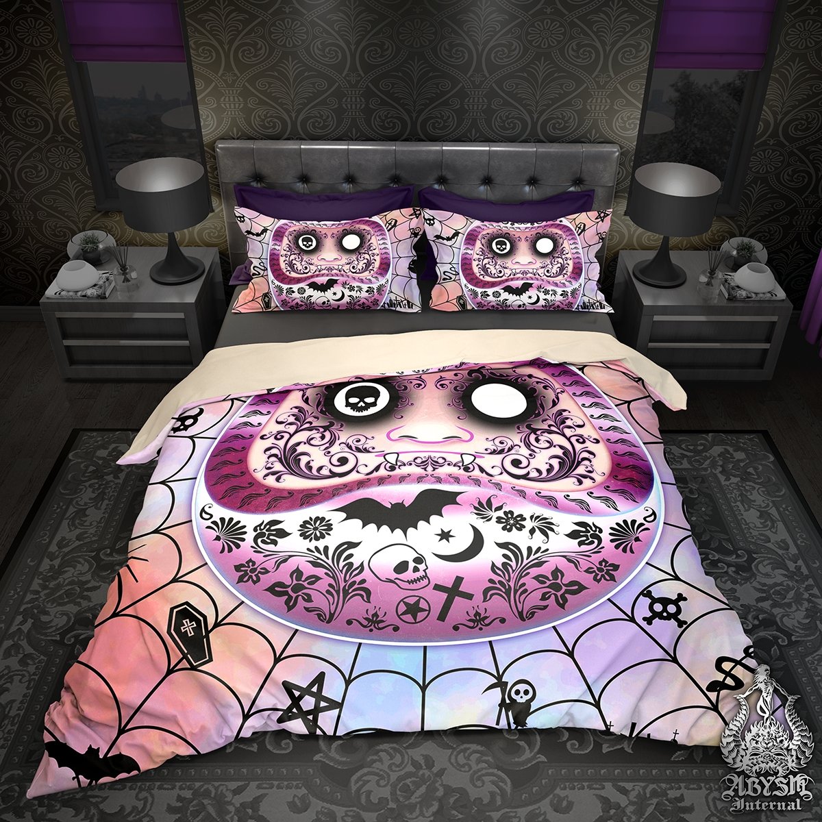 Daruma Bedding Set, Comforter and Duvet, Funny Japanese Pastel Goth Cover and Bedroom Decor, King, Queen and Twin Size - Art - Abysm Internal