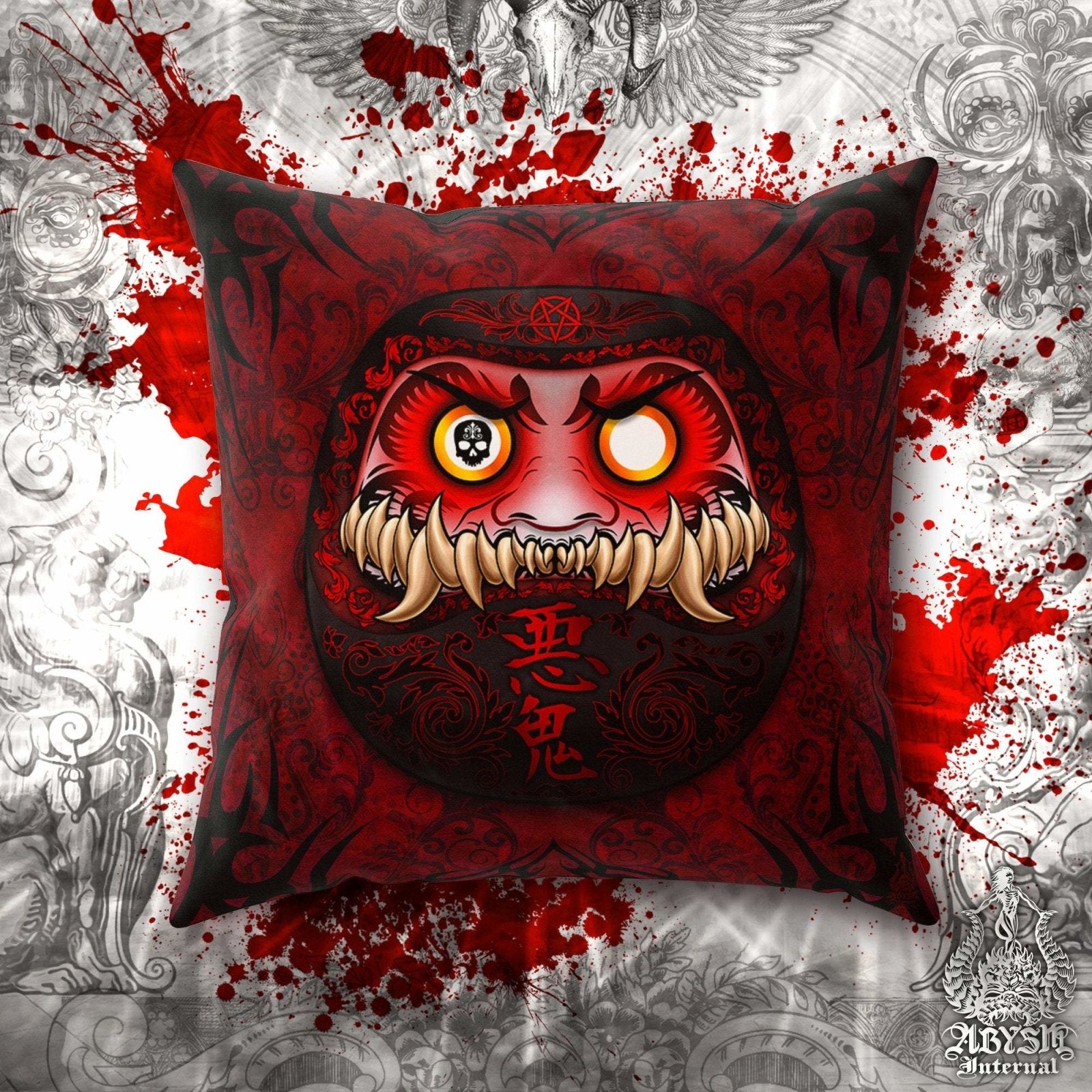 Black Daruma Throw Pillow, Decorative Accent Pillow, Square Cushion Cover,  Goth Japanese Art, Eclectic Room Decor