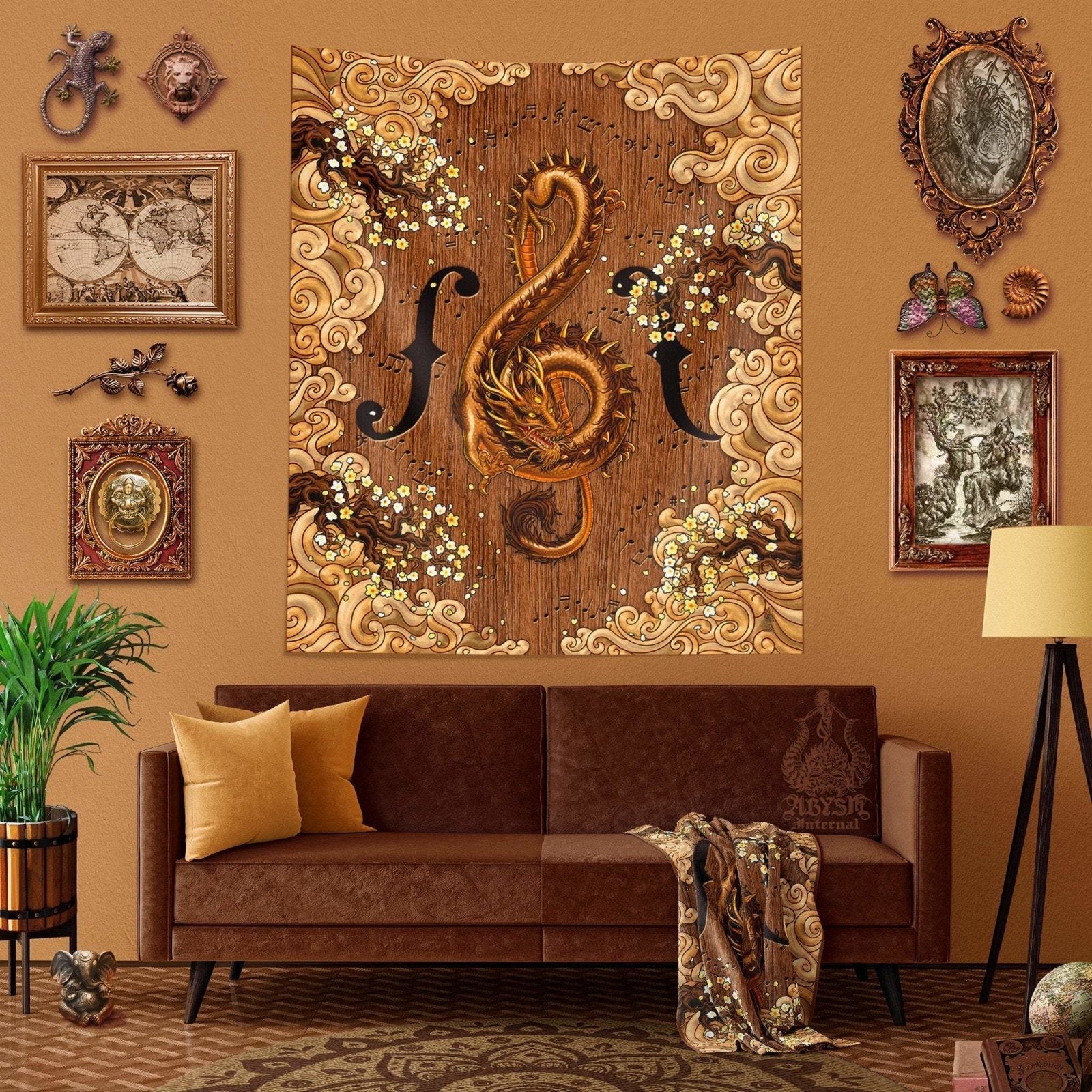 Dragon Tapestry, Music Wall Hanging, Asian Home Decor, Vertical