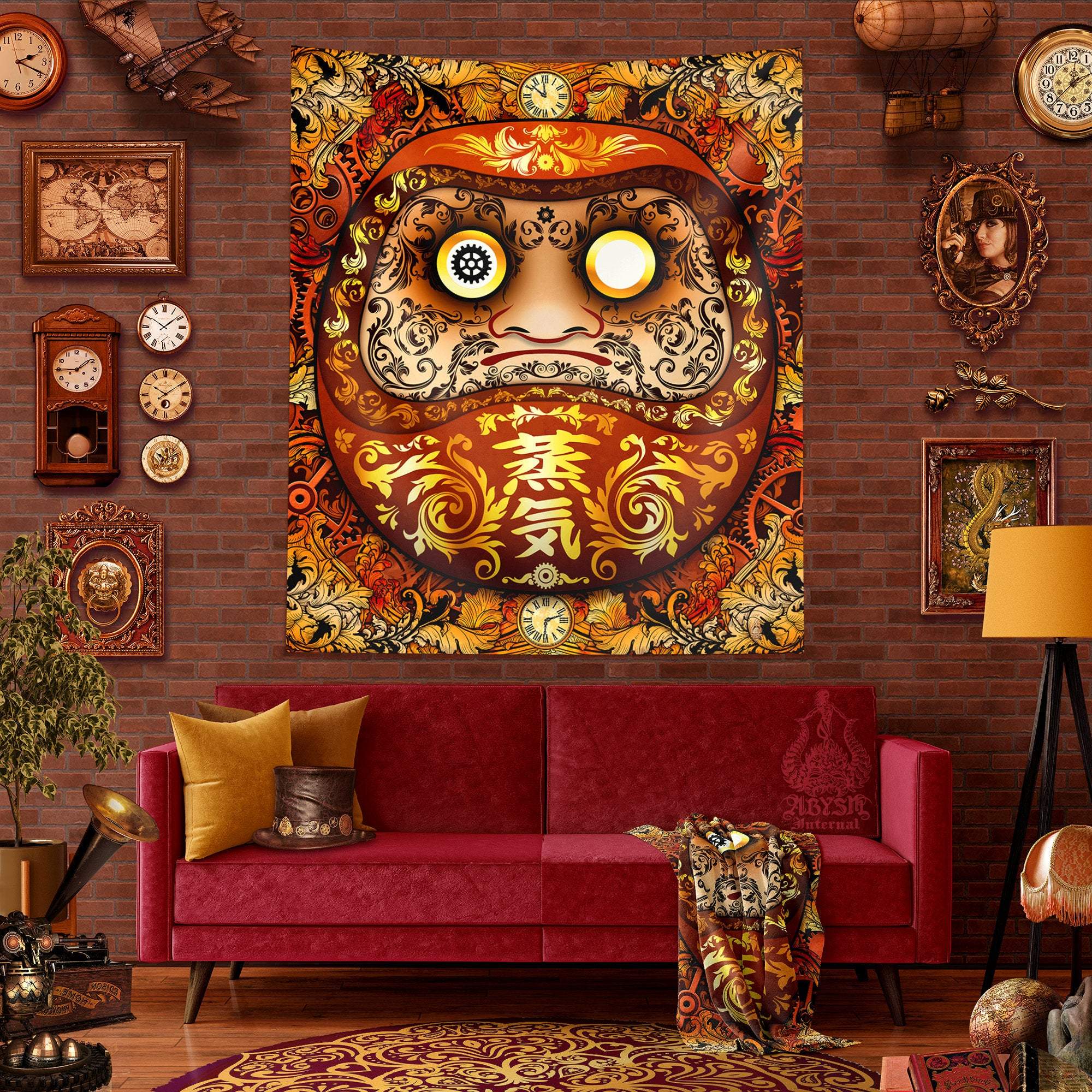 Daruma Tapestry, Anime and Gamer Wall Hanging, Japanese Home Decor,  Vertical Art Print, Eclectic and Funky - Gold