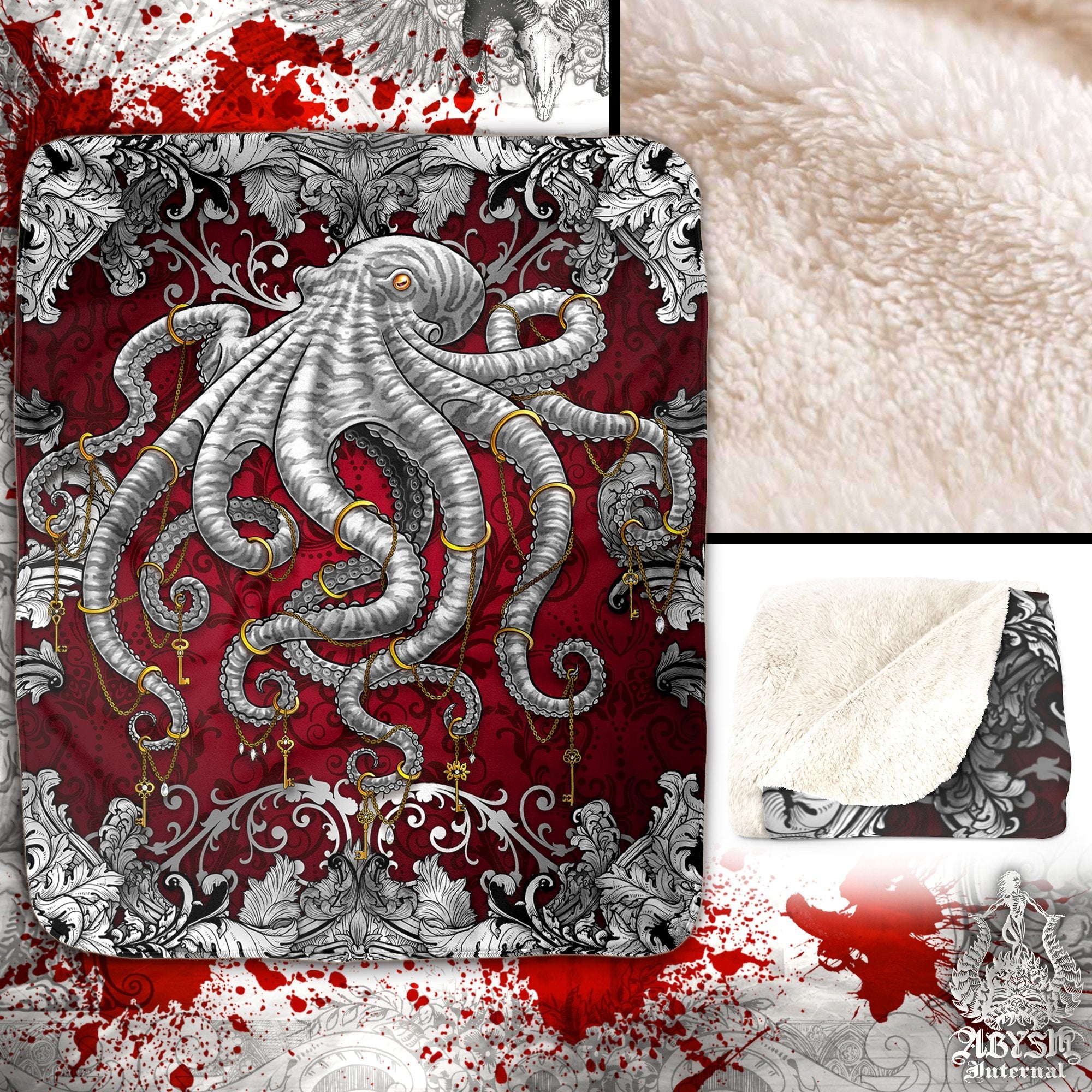 Octopus Sherpa Fleece Throw Blanket Coastal Home Decor Silver