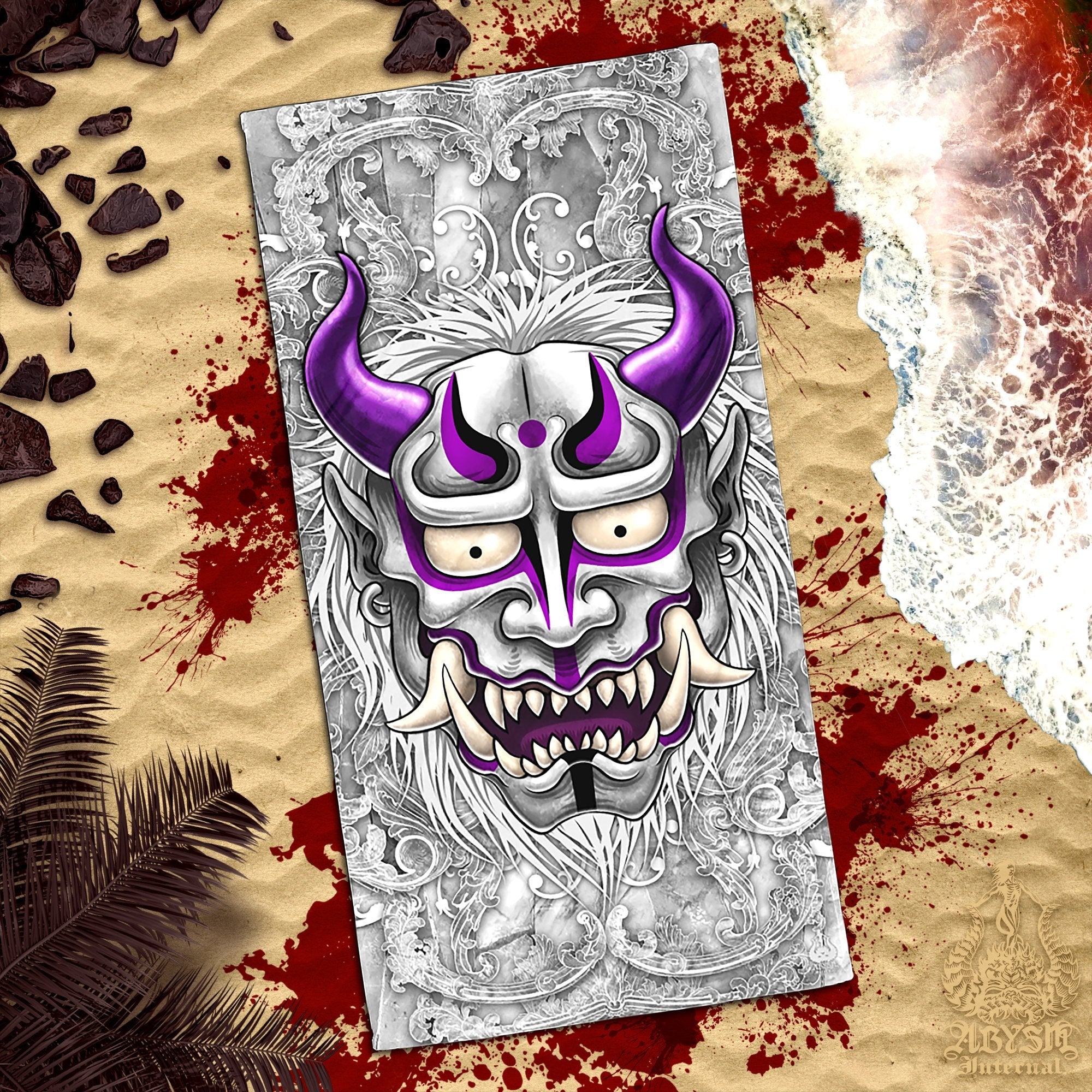 Oni Beach Towel, Japanese Demon Design - Stone, White Goth 