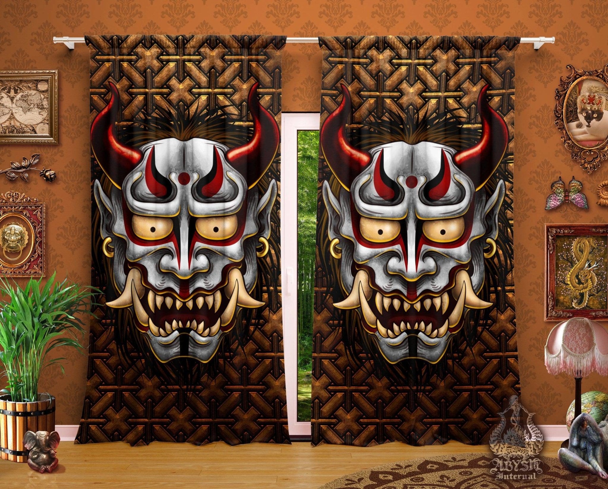 Oni Curtains 50x84 Printed Window Panels Japanese Demon Asian Decor Art Print White 9826