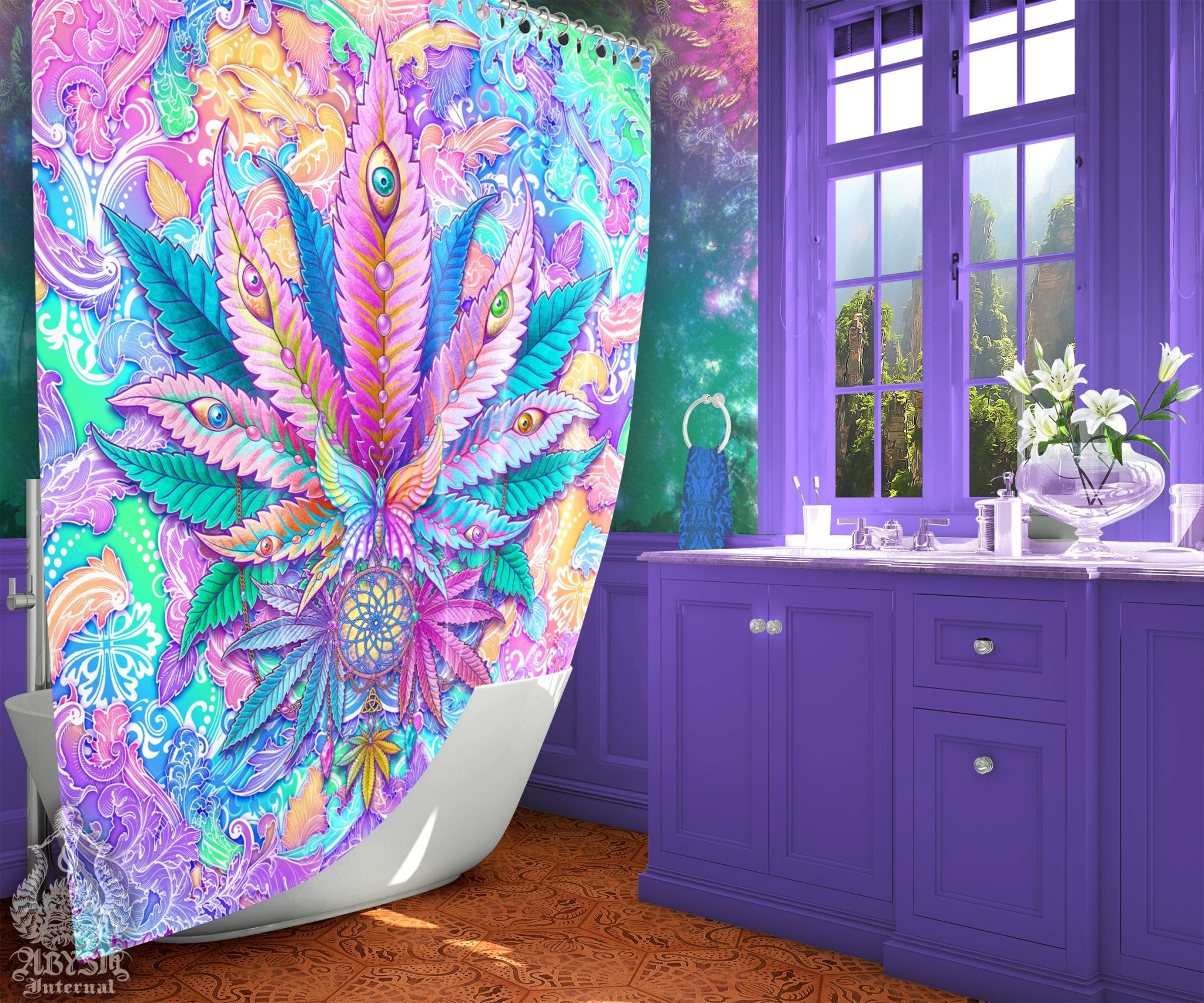 Stoner Girl Home Decor - Pink Weed Shower Curtain, Marijuana Bathroom Decor, 420 Decorations for Women, Cannabis Gifts buying for Her, Pot Leaves