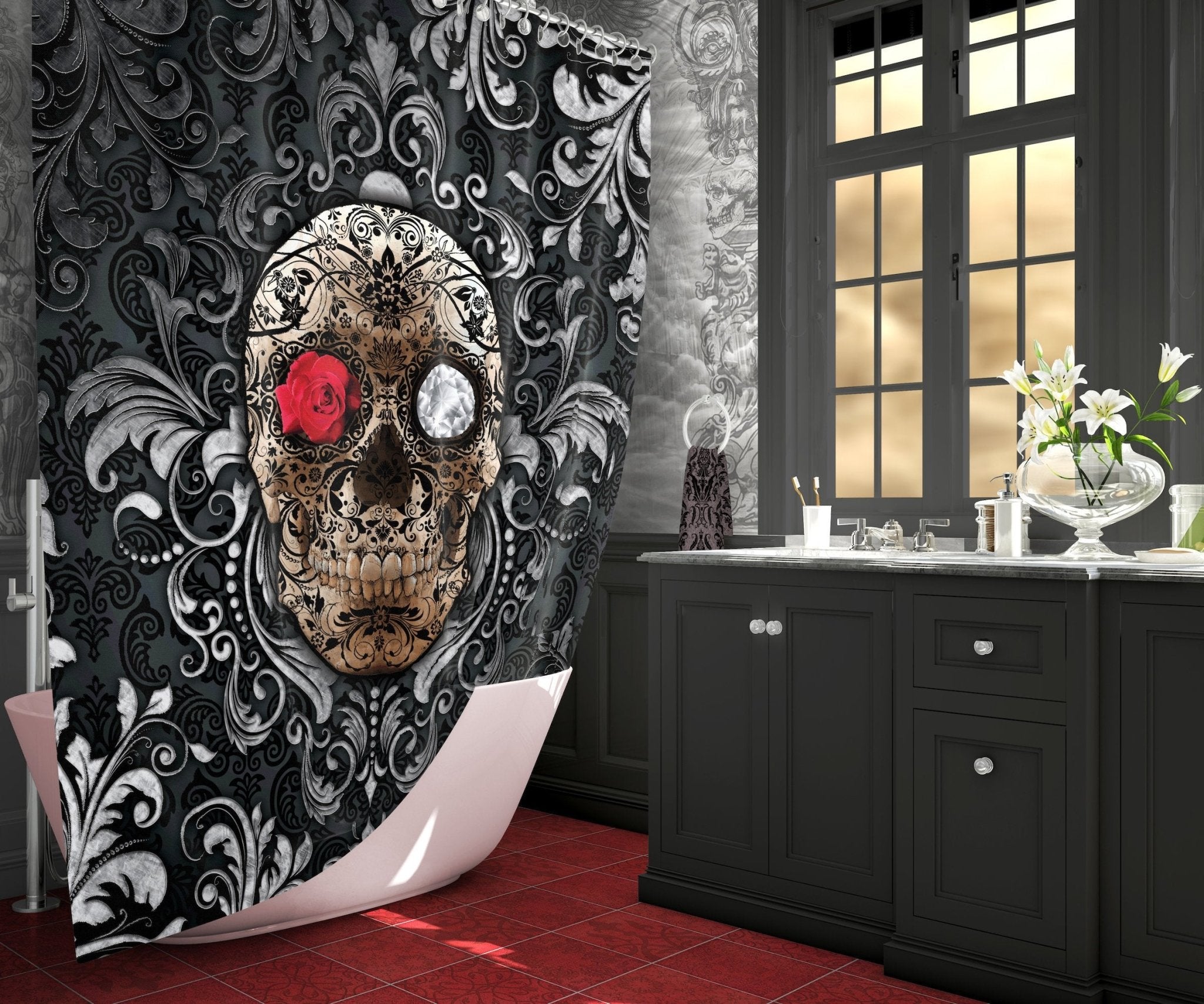 Sugar Skull Shower Curtain, 71x74 inches, Gothic Bathroom Decor, Macabre  Art - Mexican, Dia de los Muertos, Day of the Dead | Abysm Internal