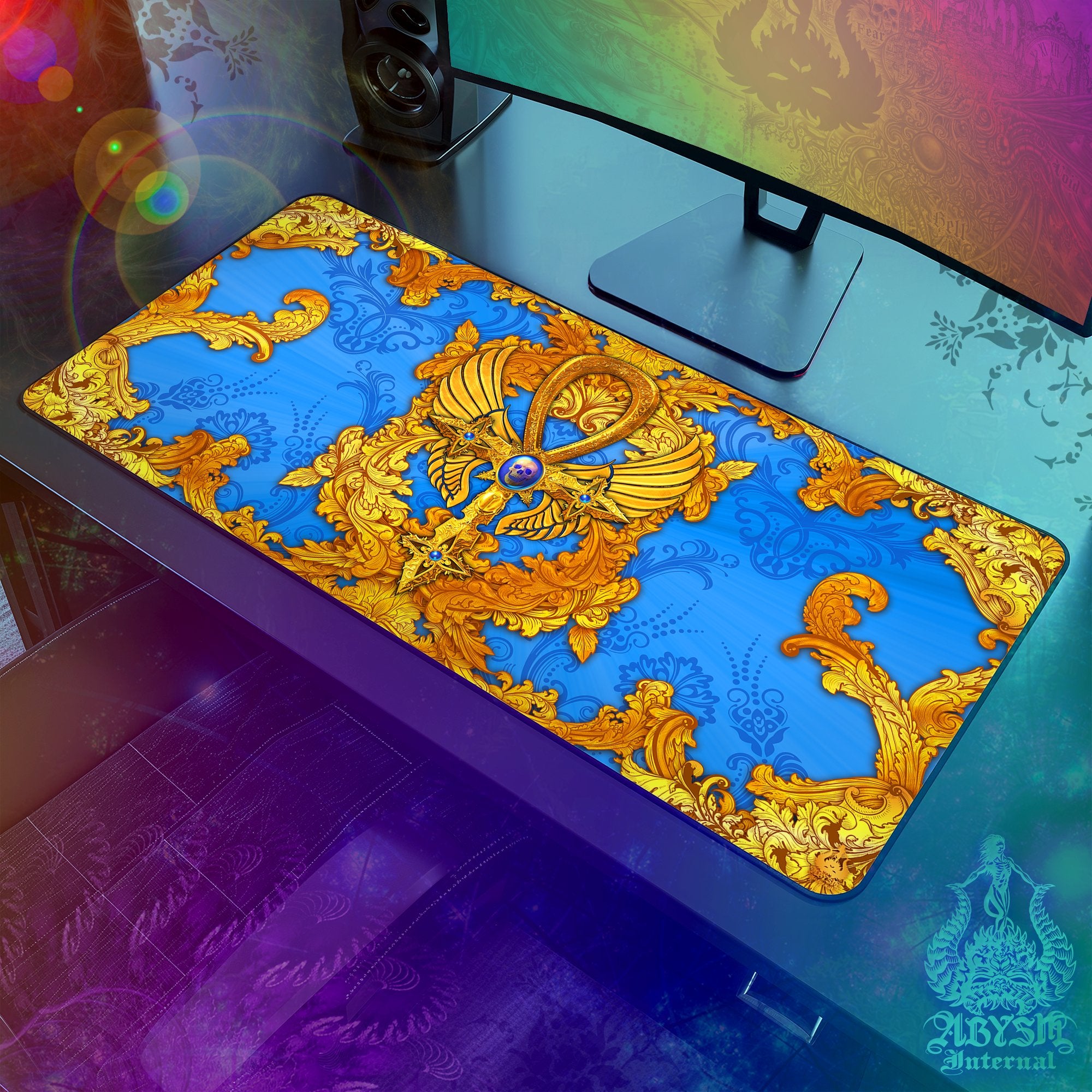 Ankh Mouse Pad, Gold Cross Gaming Desk Mat, Occult Workpad, Cyan Gold Table Protector Cover, Art Print - Abysm Internal