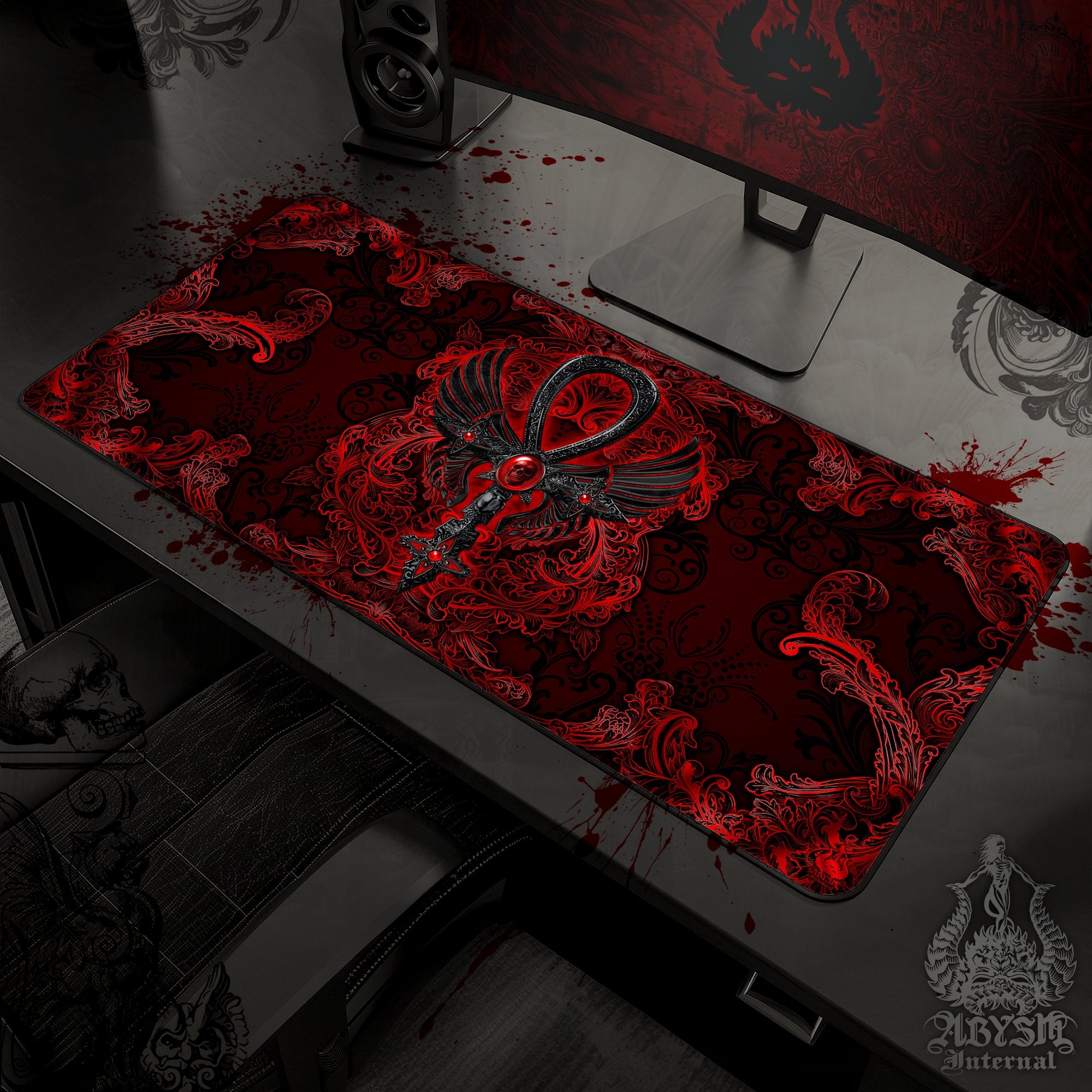 Bloody Goth Mouse Pad, Ankh Gaming Desk Mat, Red and Black Cross Table Protector Cover, Skull Workpad, Dark Art Print - 3 Colors - Abysm Internal