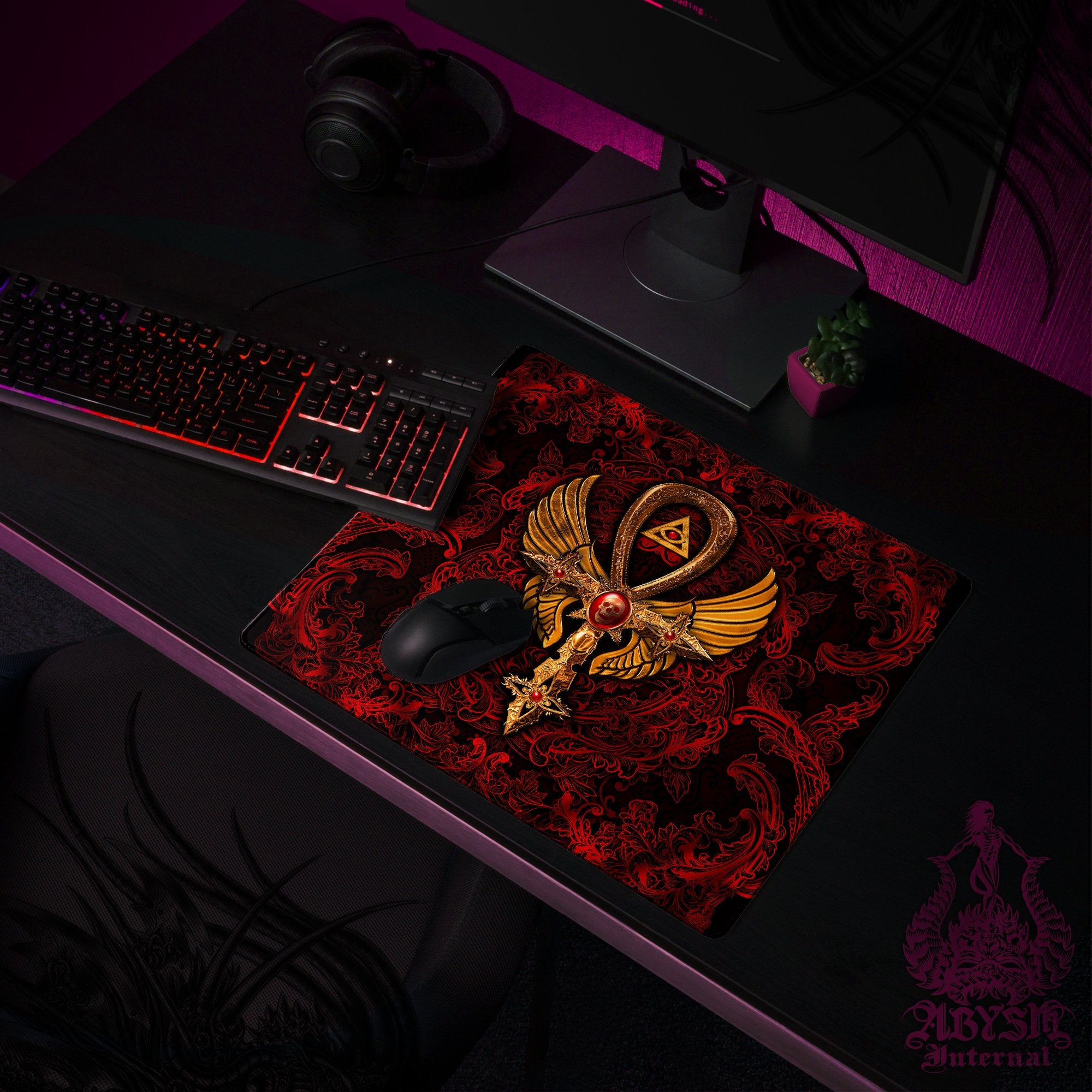 Bloody Goth Mouse Pad, Ankh Gaming Desk Mat, Red and Black Cross Table Protector Cover, Skull Workpad, Dark Art Print - 3 Colors - Abysm Internal