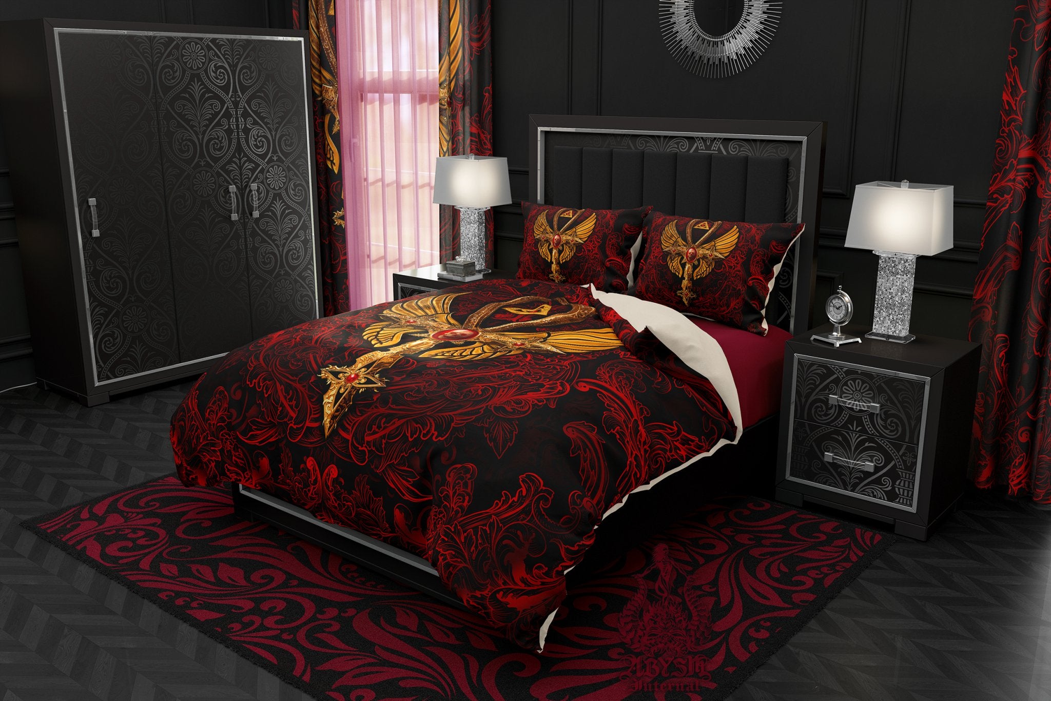 Bloody Gothic Comforter or Duvet, Red Ankh Bed Cover, Goth Bedroom Decor, King, Queen & Twin Bedding Set - Dark, Gold, Black, 3 Colors - Abysm Internal