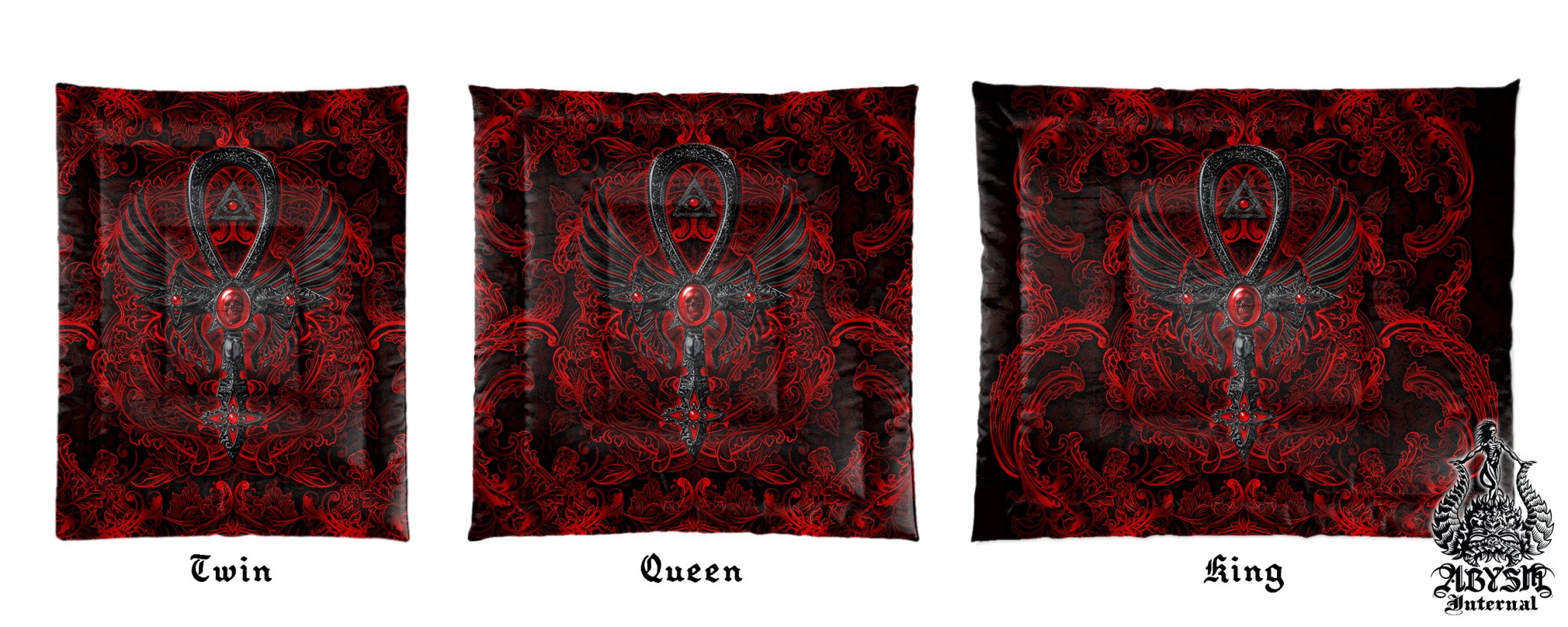 Bloody Gothic Comforter or Duvet, Red Ankh Bed Cover, Goth Bedroom Decor, King, Queen & Twin Bedding Set - Dark, Gold, Black, 3 Colors - Abysm Internal