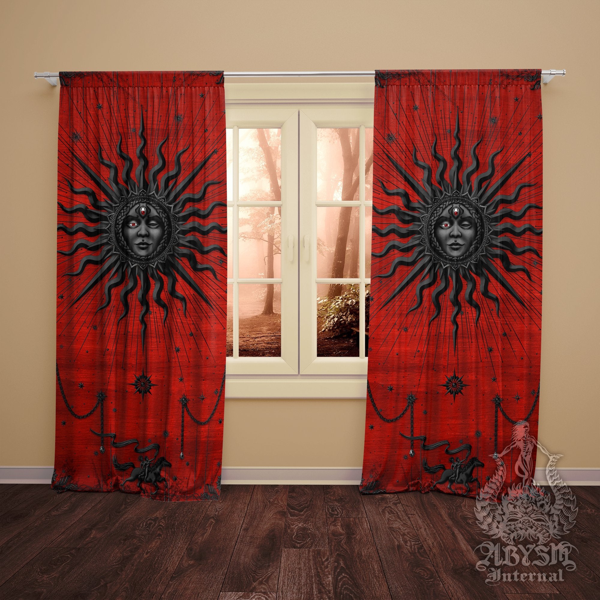 Bloody Gothic Sun Curtains, 50x84' Printed Window Panels, Goth Home Decor, Tarot Arcana, Esoteric Art Print - Red Black - Abysm Internal