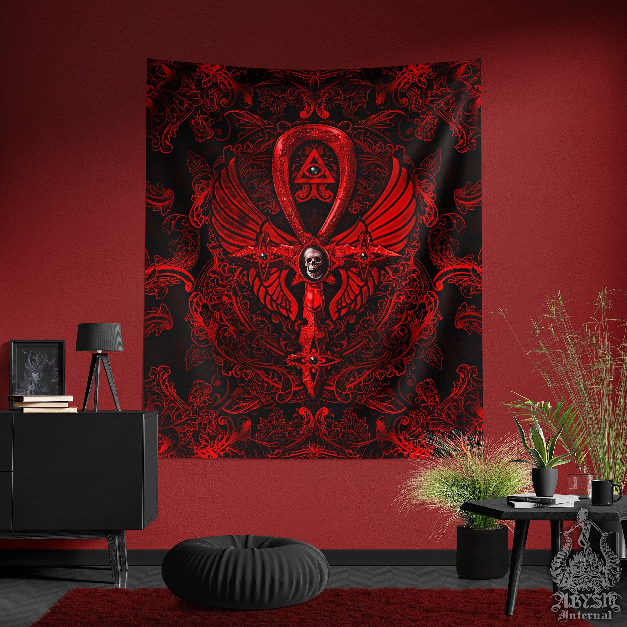 Bloody Gothic Tapestry, Goth Cross Wall Hanging, Occult Home Decor, Vertical Art Print - Dark Ankh, Black, Red, Gold, 3 Colors - Abysm Internal