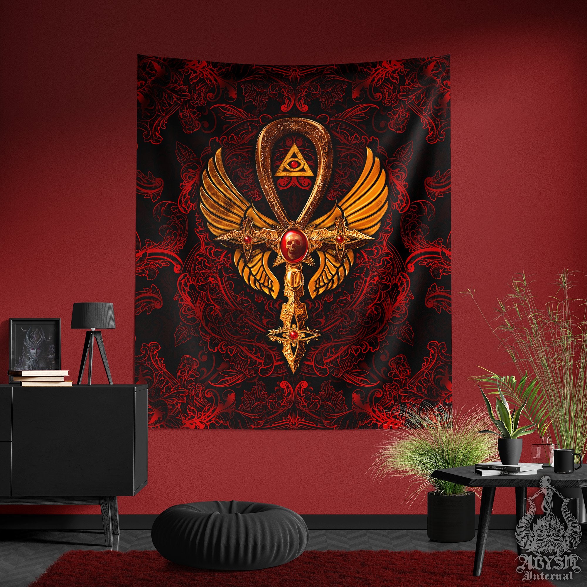 Bloody Gothic Tapestry, Goth Cross Wall Hanging, Occult Home Decor, Vertical Art Print - Dark Ankh, Black, Red, Gold, 3 Colors - Abysm Internal