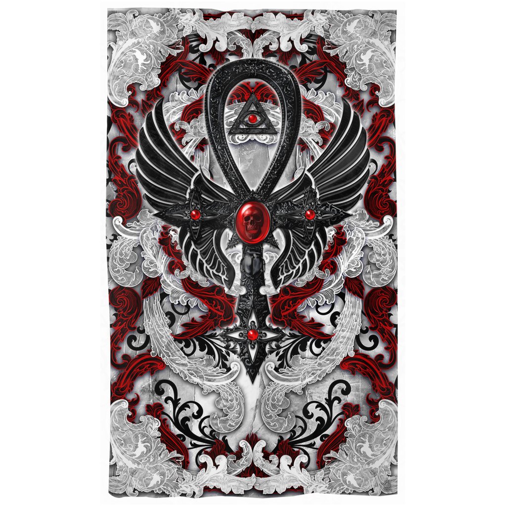 Bloody White Goth Curtains, 50x84' Printed Window Panels, Gothic Home Decor, Art Print - Ankh Cross, Red and Black, 3 Colors - Abysm Internal