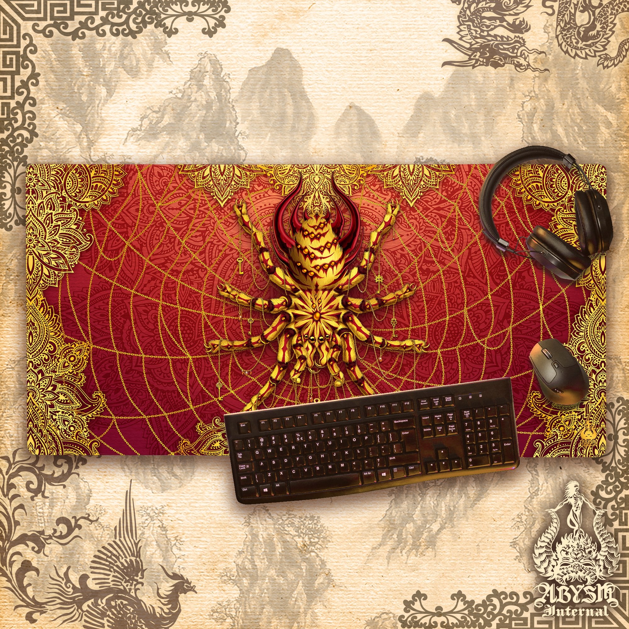 Boho Gaming Mouse Pad, Indie Desk Mat, Gamer Table Protector Cover, Spider Workpad, Tarantula Art Print - Mandalas - Abysm Internal