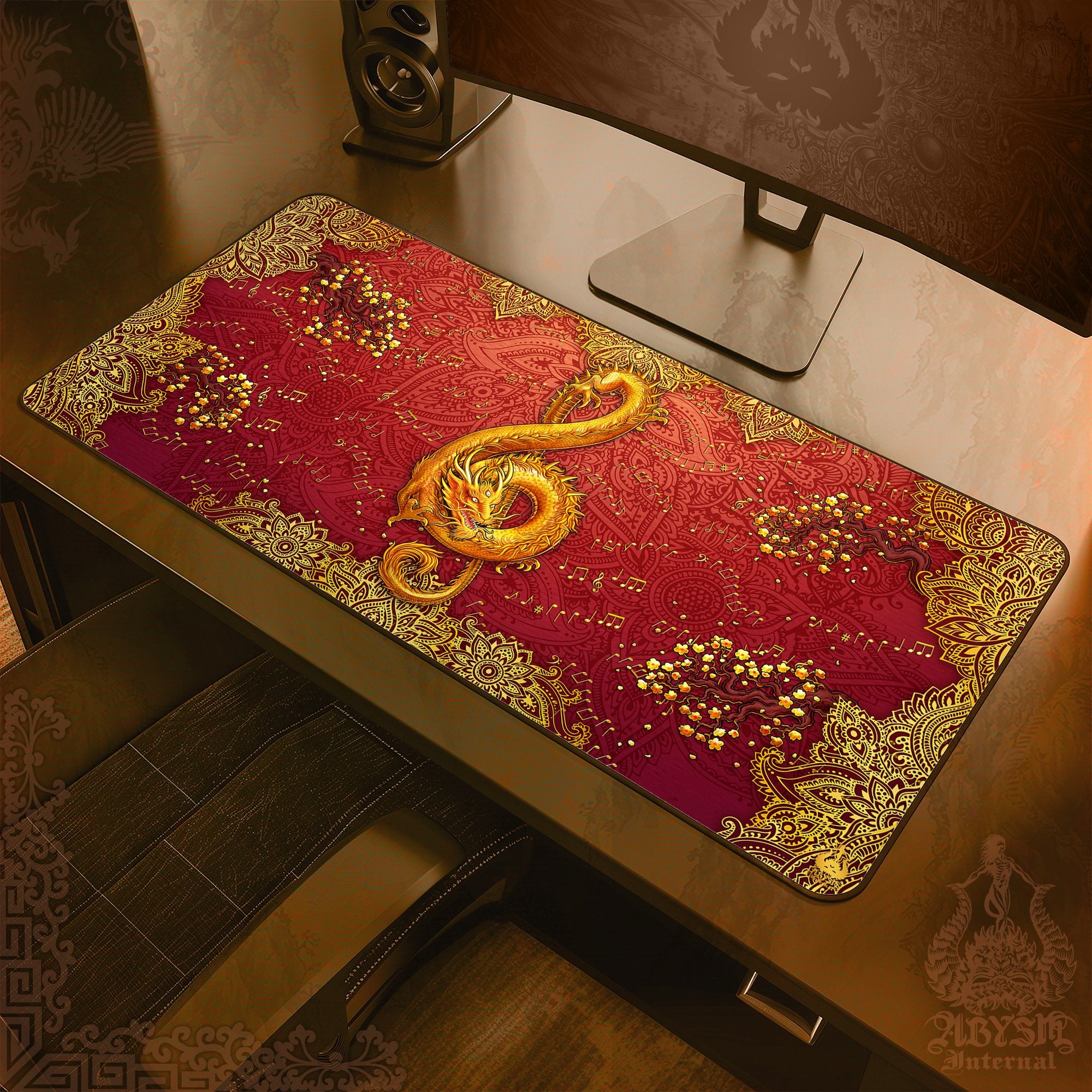 Boho Music Desk Mat, Dragon Gaming Mouse Pad, Asian Table Protector Cover, Indie Workpad, Treble Clef Art Print - Mandalas - Abysm Internal