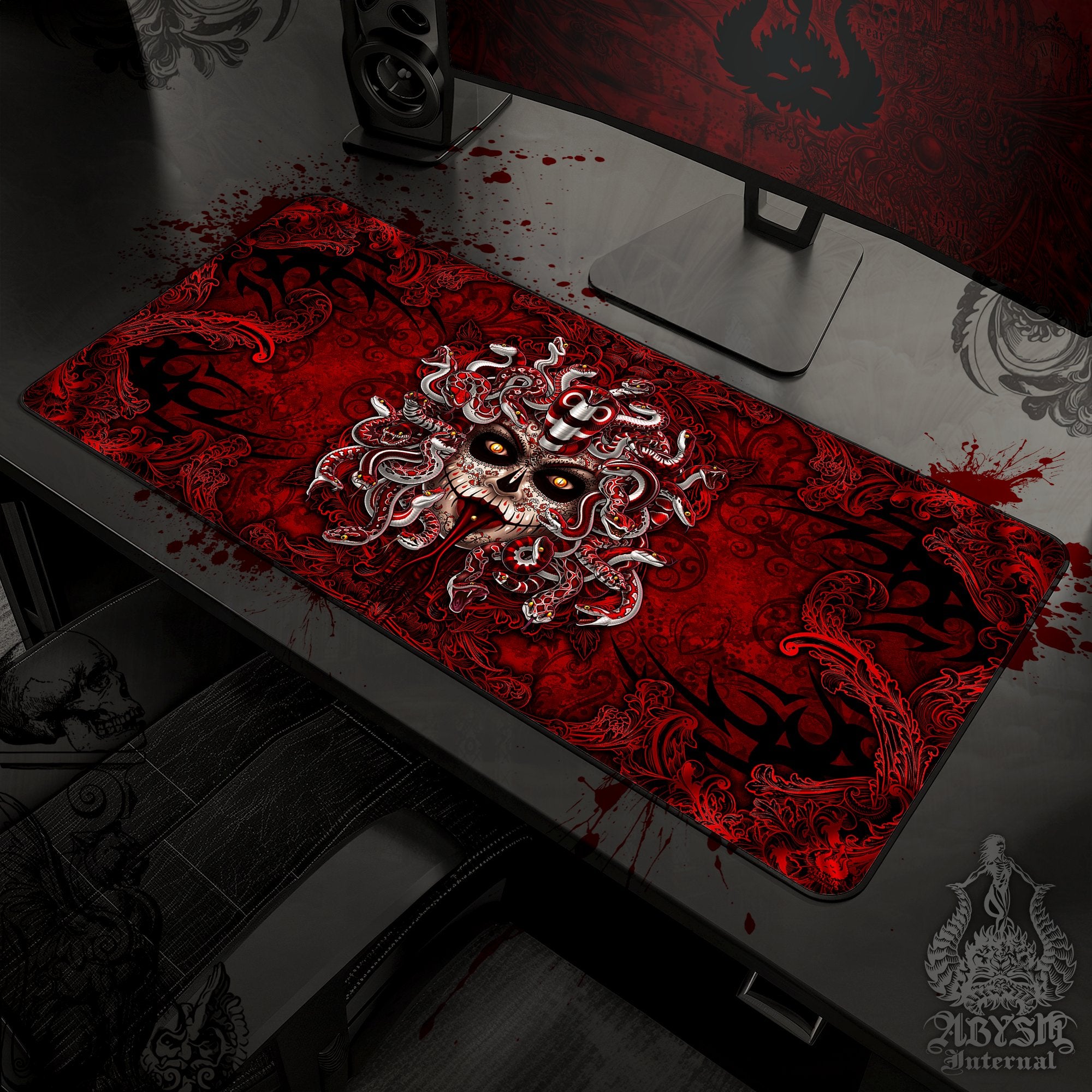 Catrina Desk Mat, Day of the Dead Gaming Mouse Pad, Dia de los Muertos Table Protector Cover, Gothic Medusa Workpad, Dark Fantasy Art Print - Abysm Internal