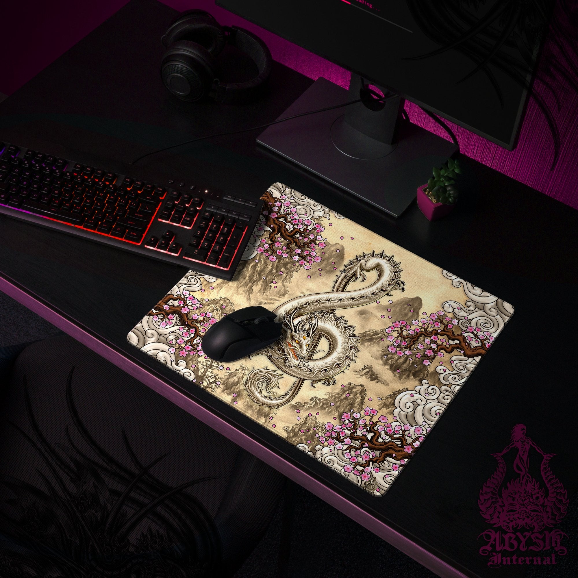 Chinese Dragon Mouse Pad, Music Gaming Desk Mat, Cherry Blossom Workpad, Asian Painting Table Protector Cover, Treble Clef Art Print - Abysm Internal
