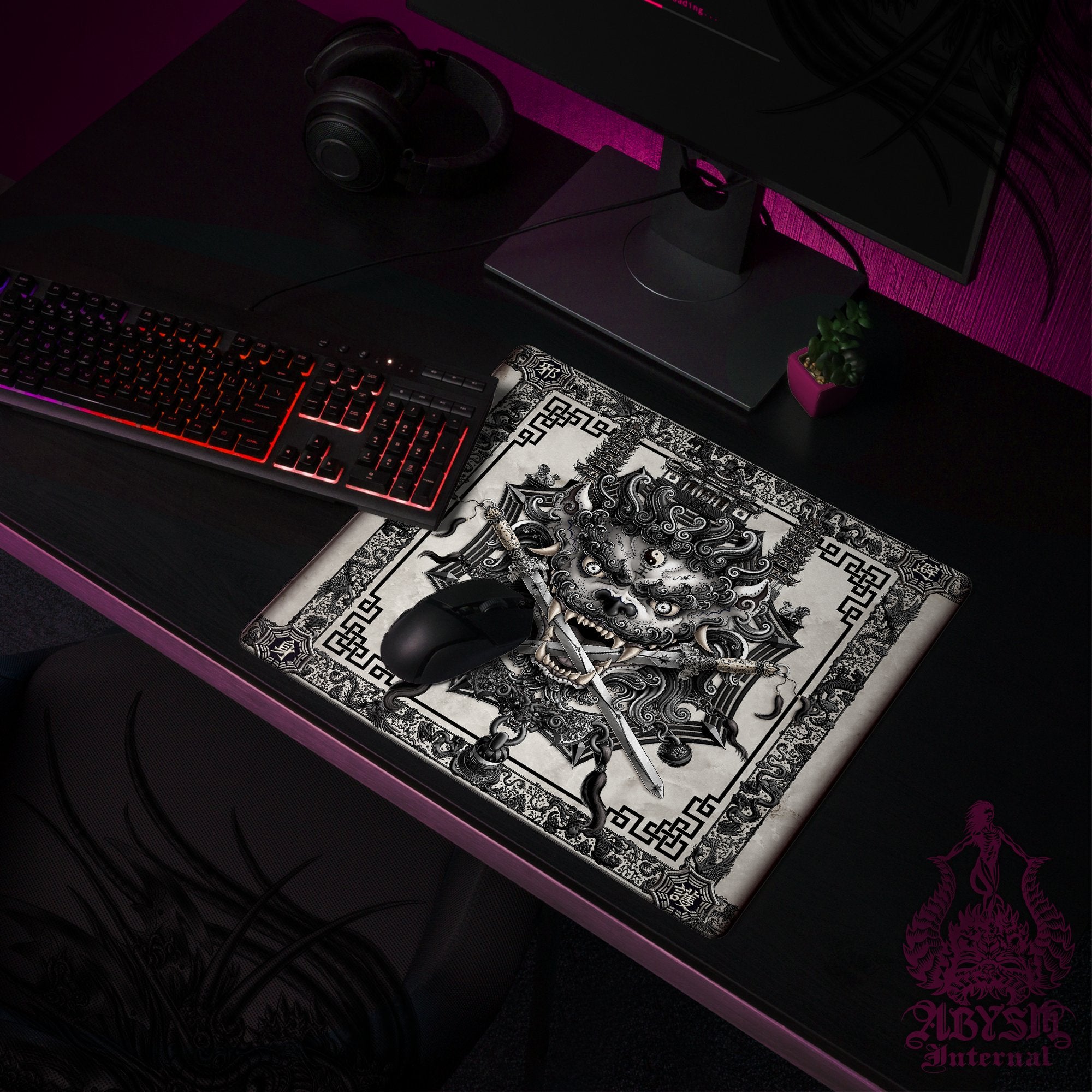 Chinese Lion Mouse Pad, Taiwan Gaming Desk Mat, Black and White Goth Workpad, Asian Table Protector Cover, Fantasy Art Print - Abysm Internal