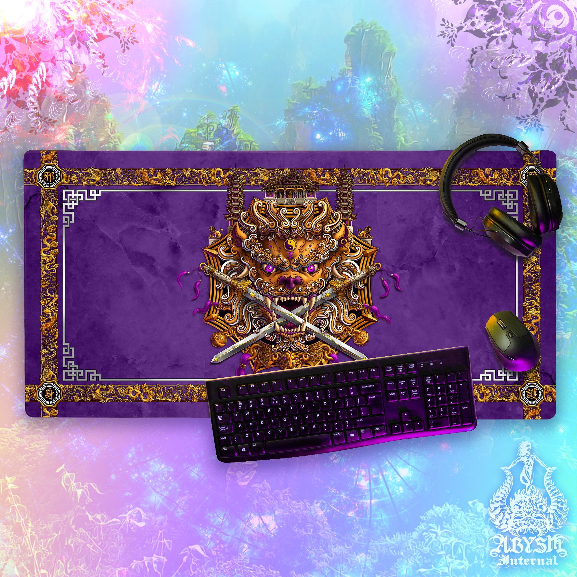 Chinese Lion Mouse Pad, Taiwan Gaming Desk Mat, Purple White Gold Workpad, Asian Table Protector Cover, Fantasy Art Print - Abysm Internal