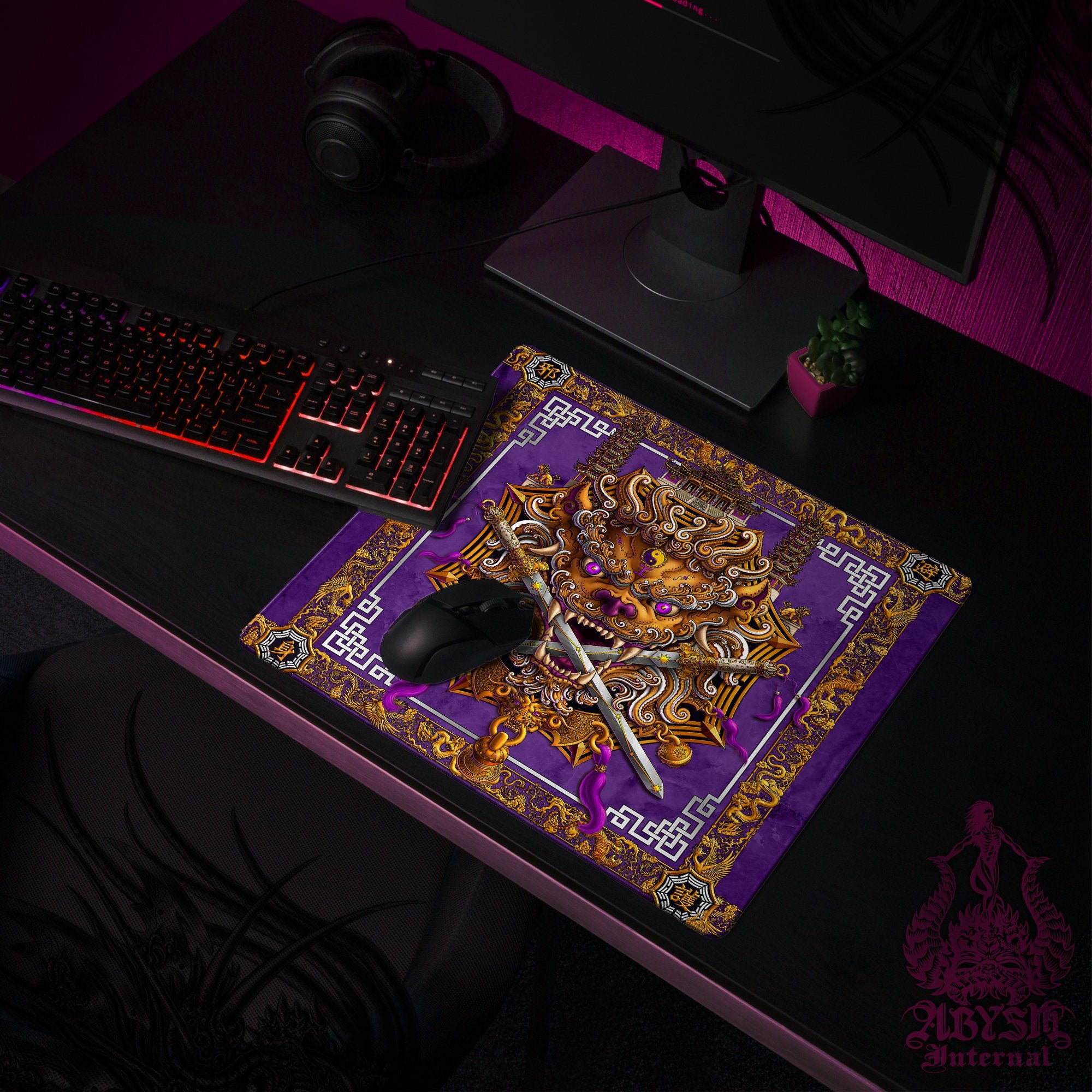 Chinese Lion Mouse Pad, Taiwan Gaming Desk Mat, Purple White Gold Workpad, Asian Table Protector Cover, Fantasy Art Print - Abysm Internal