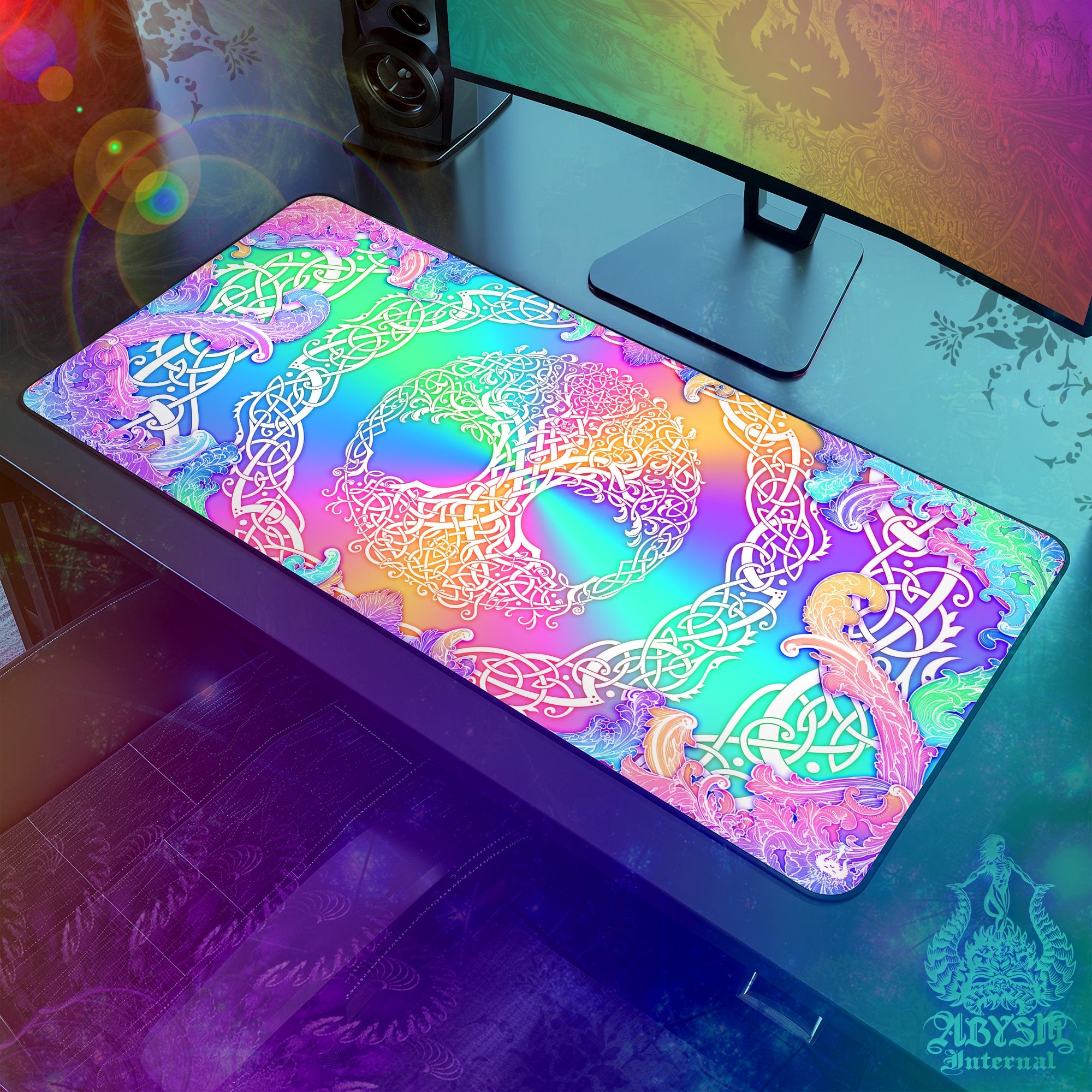 Colorful Gaming Desk Mat, Celtic Knotwork Mouse Pad, Girl Gamer, Tree of Life Table Protector Cover, Witchy Pastel Workpad, Wicca Art Print - Abysm Internal