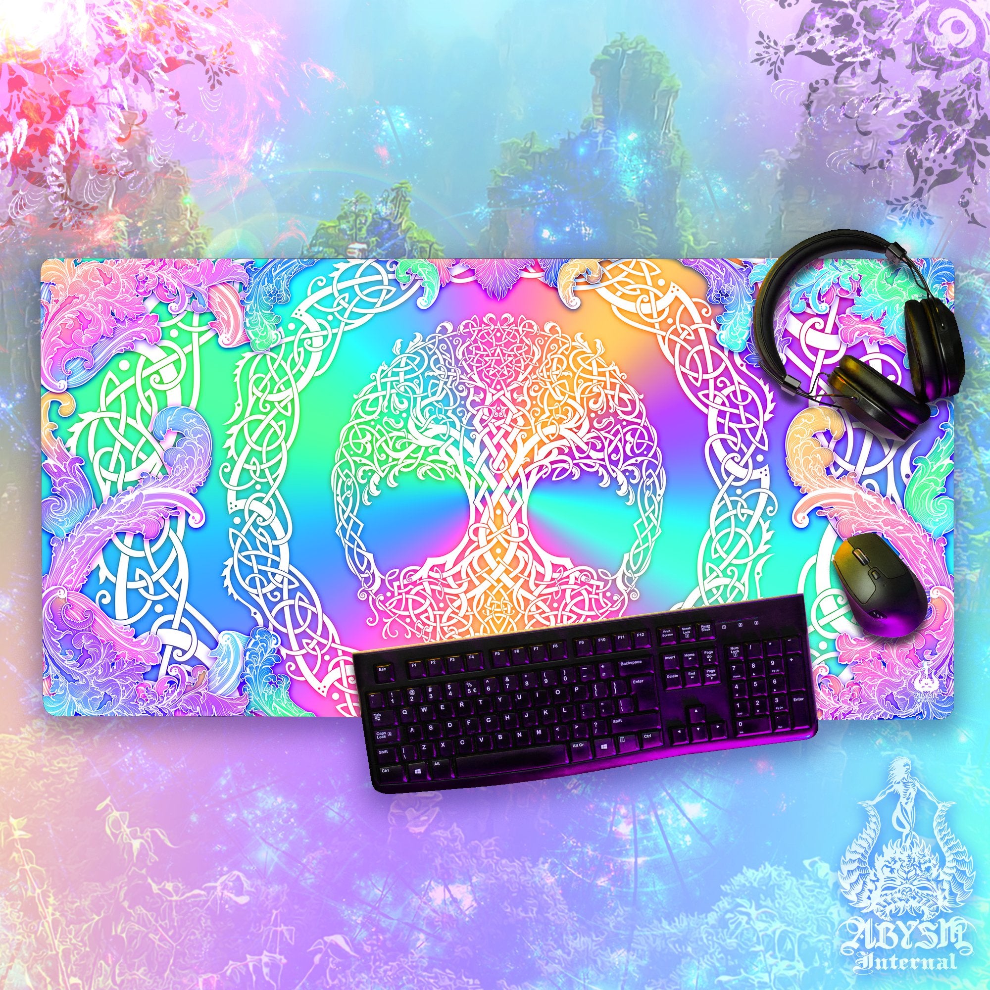 Colorful Gaming Desk Mat, Celtic Knotwork Mouse Pad, Girl Gamer, Tree of Life Table Protector Cover, Witchy Pastel Workpad, Wicca Art Print - Abysm Internal