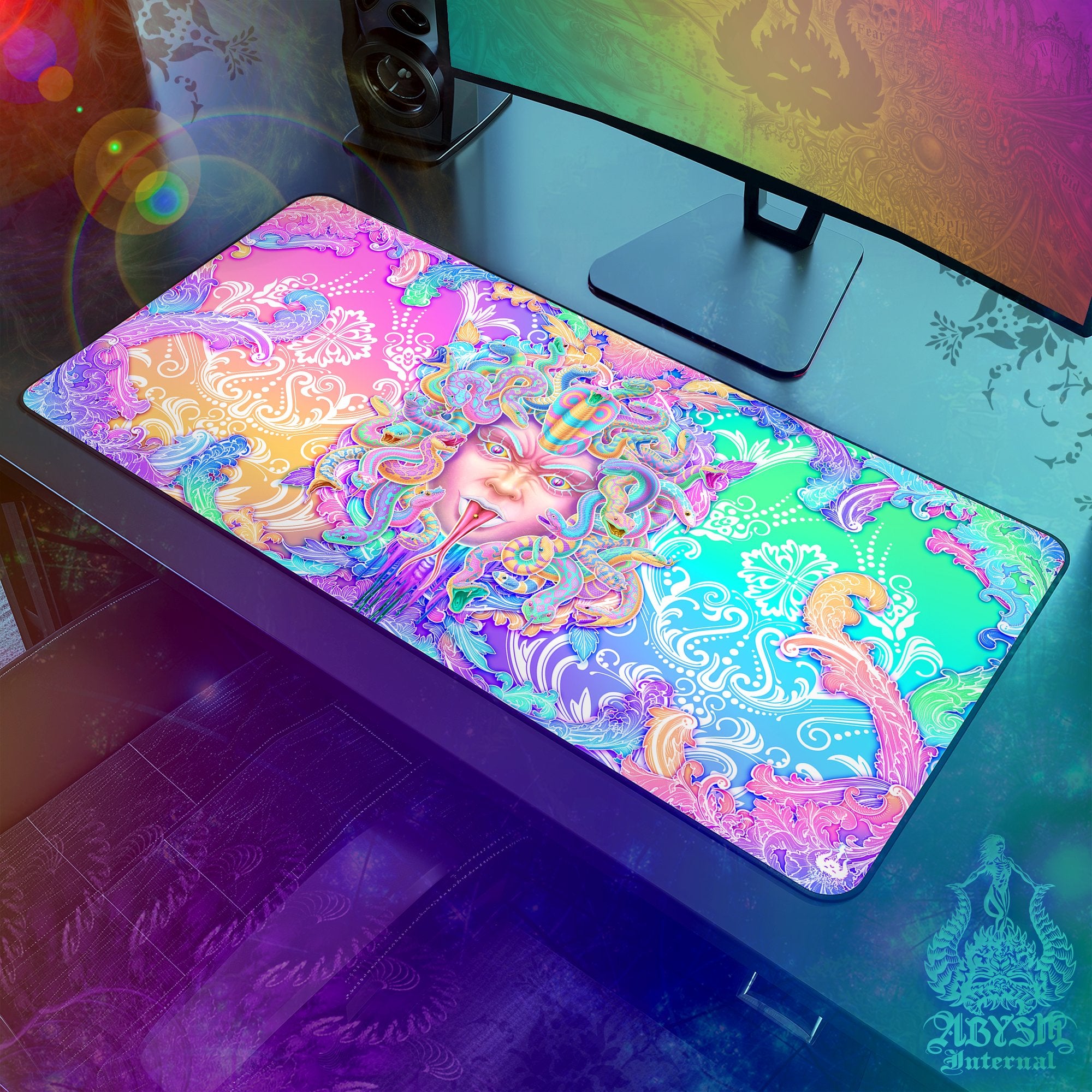 Colorful Gaming Desk Mat, Girl Gamer Mouse Pad, Psychedelic Pastel Table Protector Cover, Aesthetic, Medusa Skull Workpad, Fantasy Art Print - 4 Options - Abysm Internal
