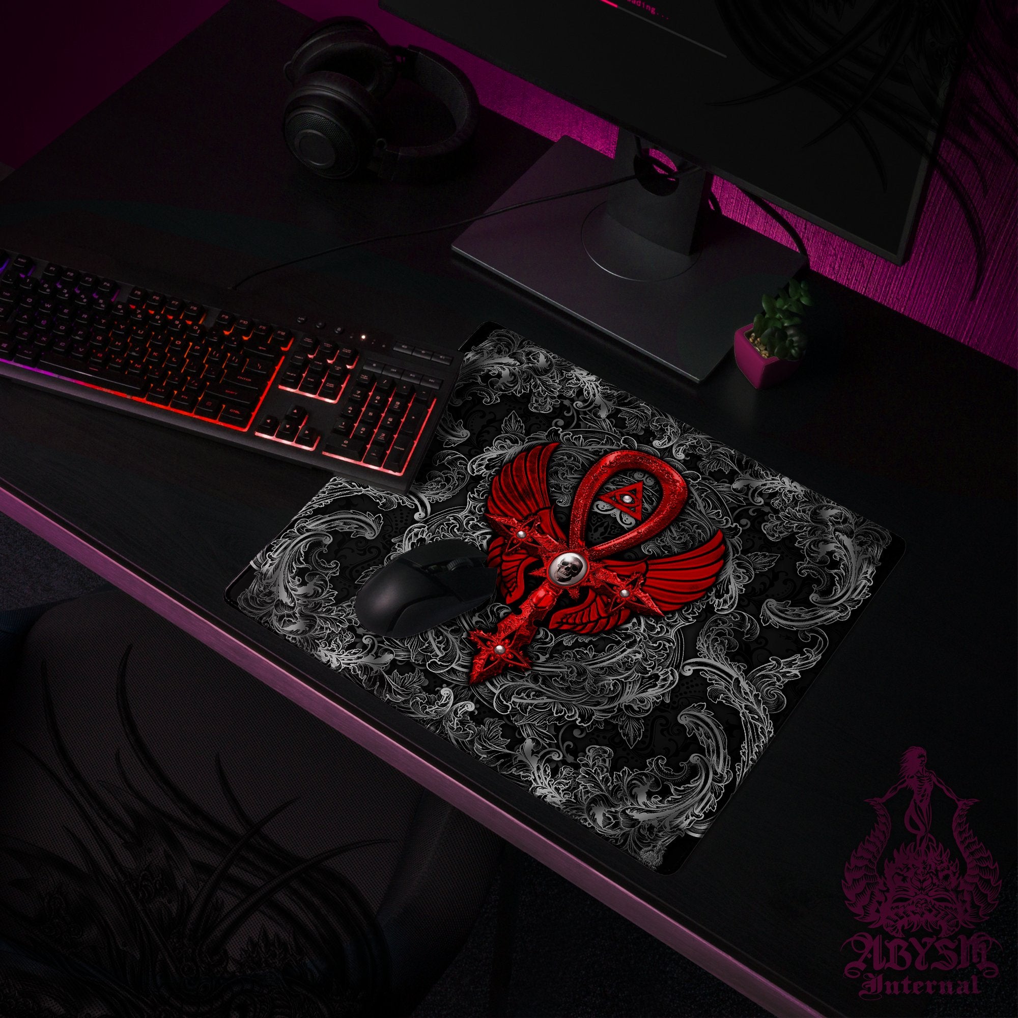 Dark Gaming Mouse Pad, Gothic Desk Mat, Black Table Protector Cover, Goth Ankh Workpad, Skull Cross Art Print - 3 Colors - Abysm Internal