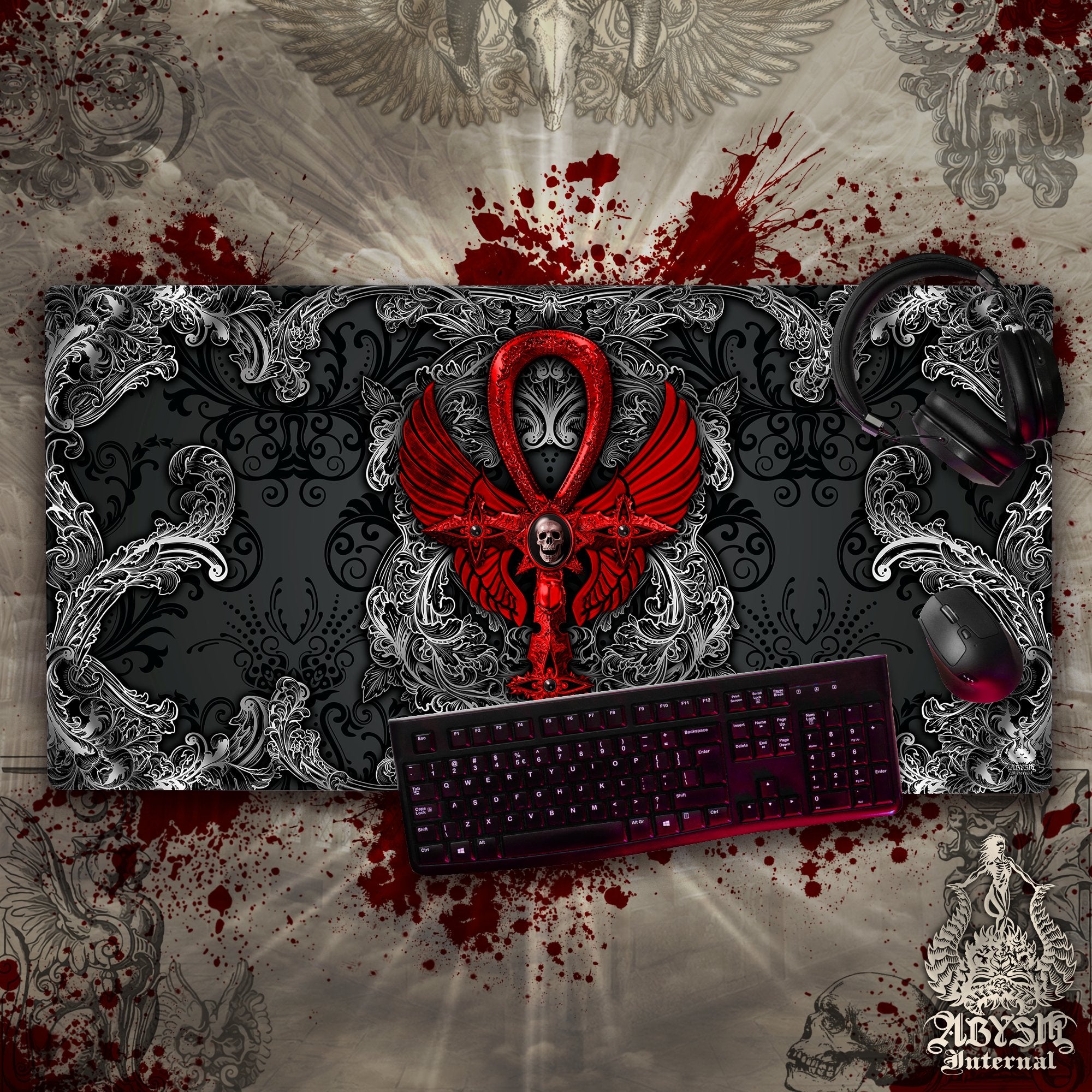 Dark Gaming Mouse Pad, Gothic Desk Mat, Black Table Protector Cover, Goth Ankh Workpad, Skull Cross Art Print - 3 Colors - Abysm Internal