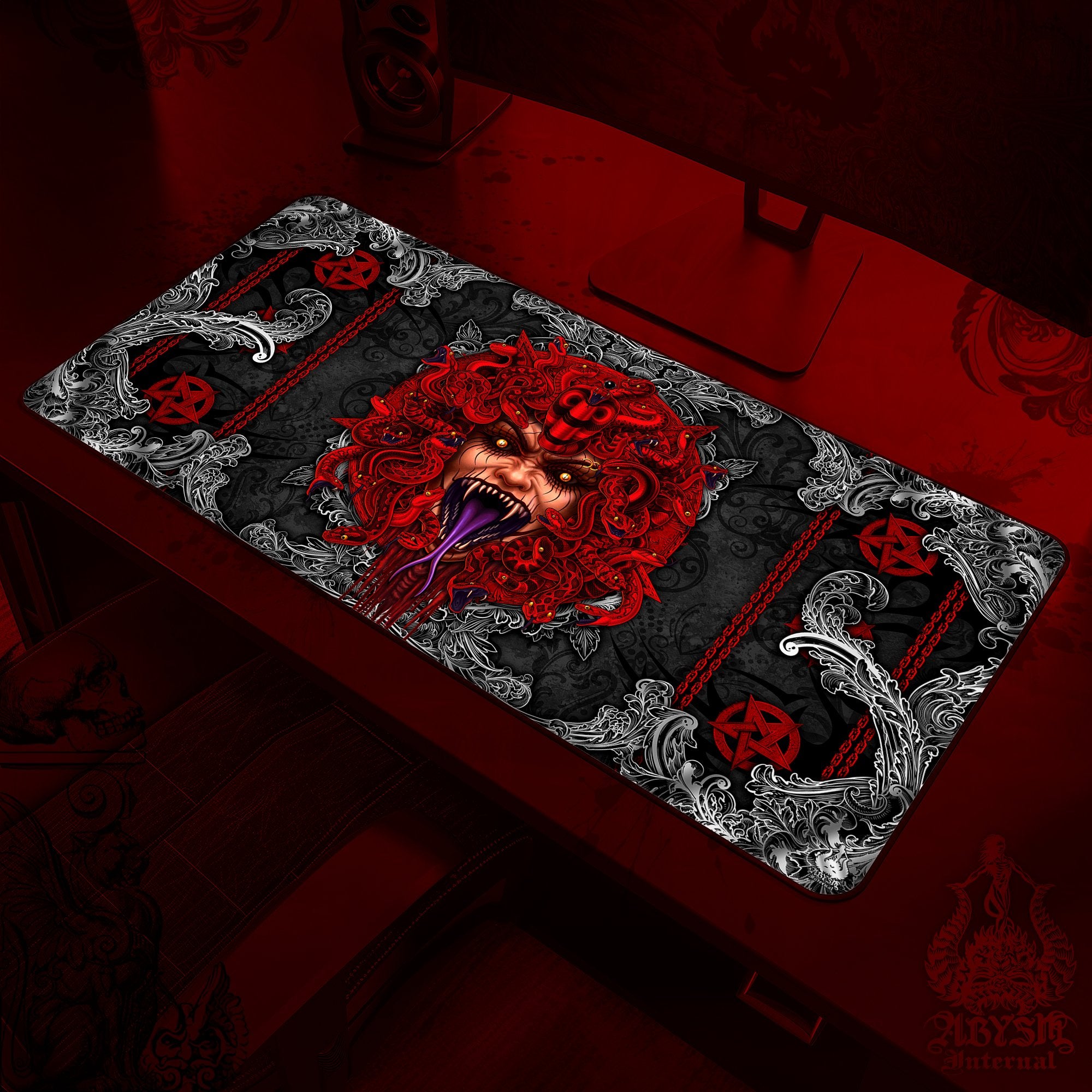 Demon Desk Mat, Satanic Gaming Mouse Pad, Gamer Table Protector Cover with Red Pentagram, Devil Workpad, Dark Fantasy Art Print - Medusa, 3 Options - Abysm Internal