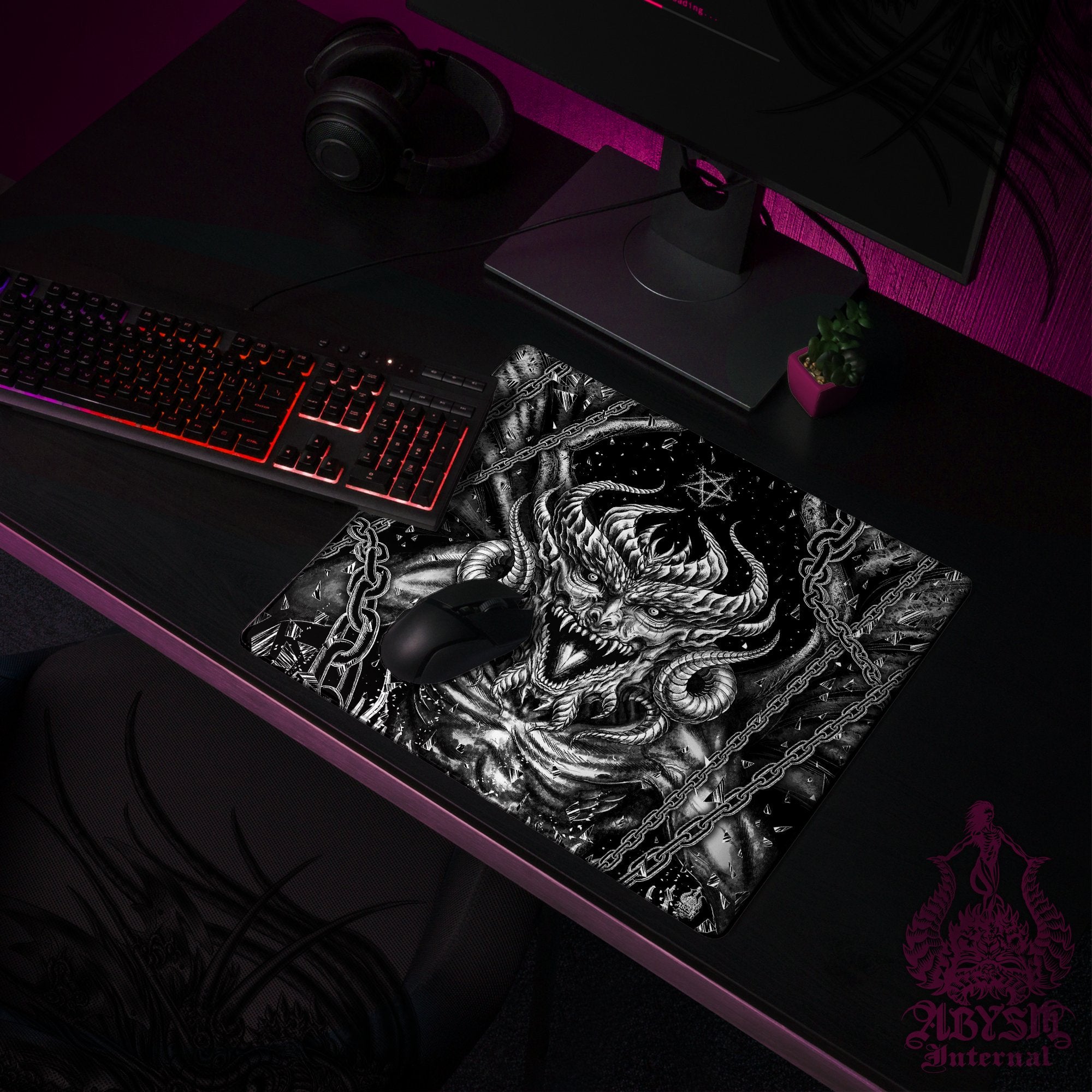Devil Gaming Desk Mat, Goth Hell Mouse Pad, Satanic Table Protector Cover, Gothic Pentagrams Workpad, Dark Fantasy Art Print - Abysm Internal