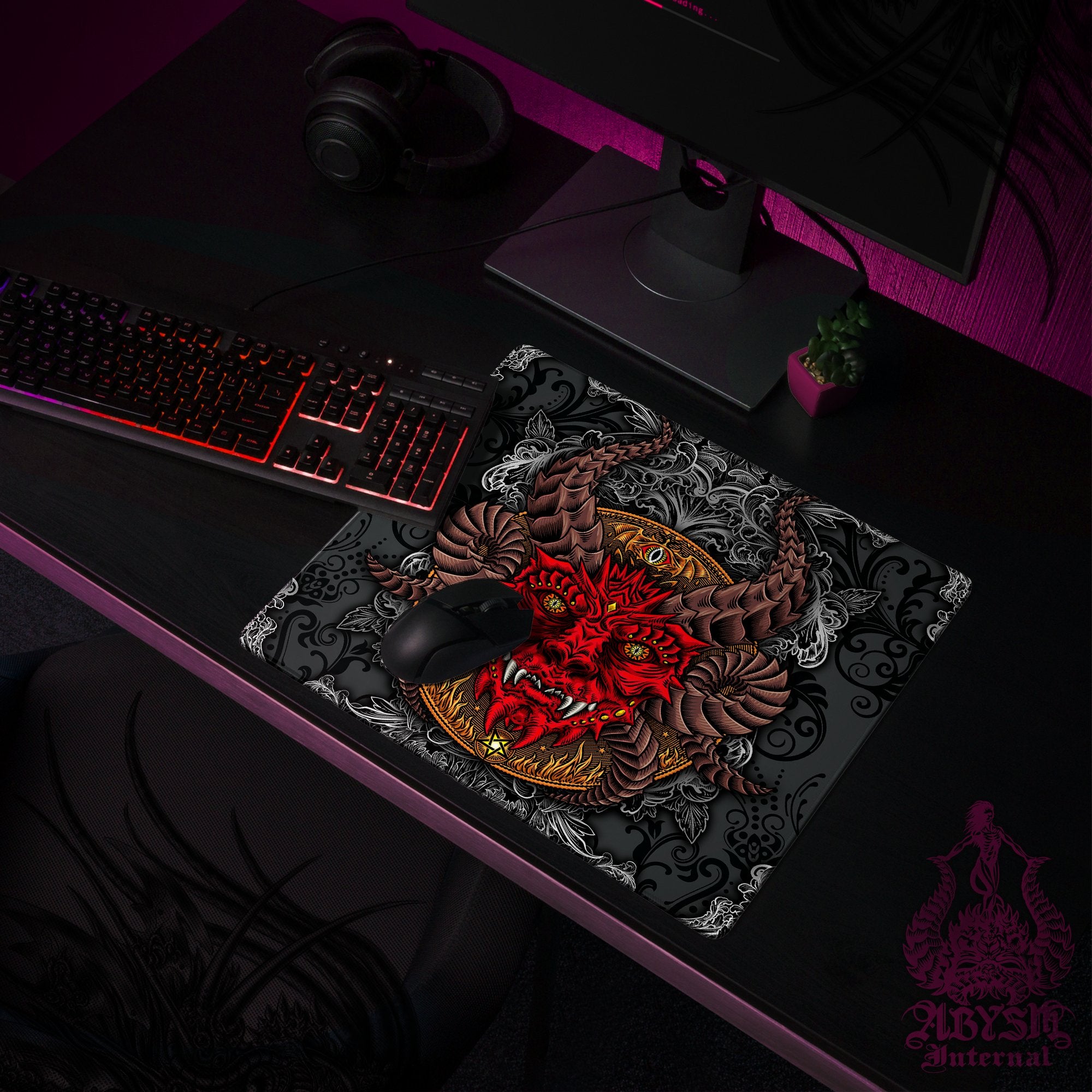 Devil Gaming Mouse Pad, Satanic Desk Mat, Demon Table Protector Cover, Lucifer Workpad, Dark Art Print - Black and Red, 2 Colors - Abysm Internal