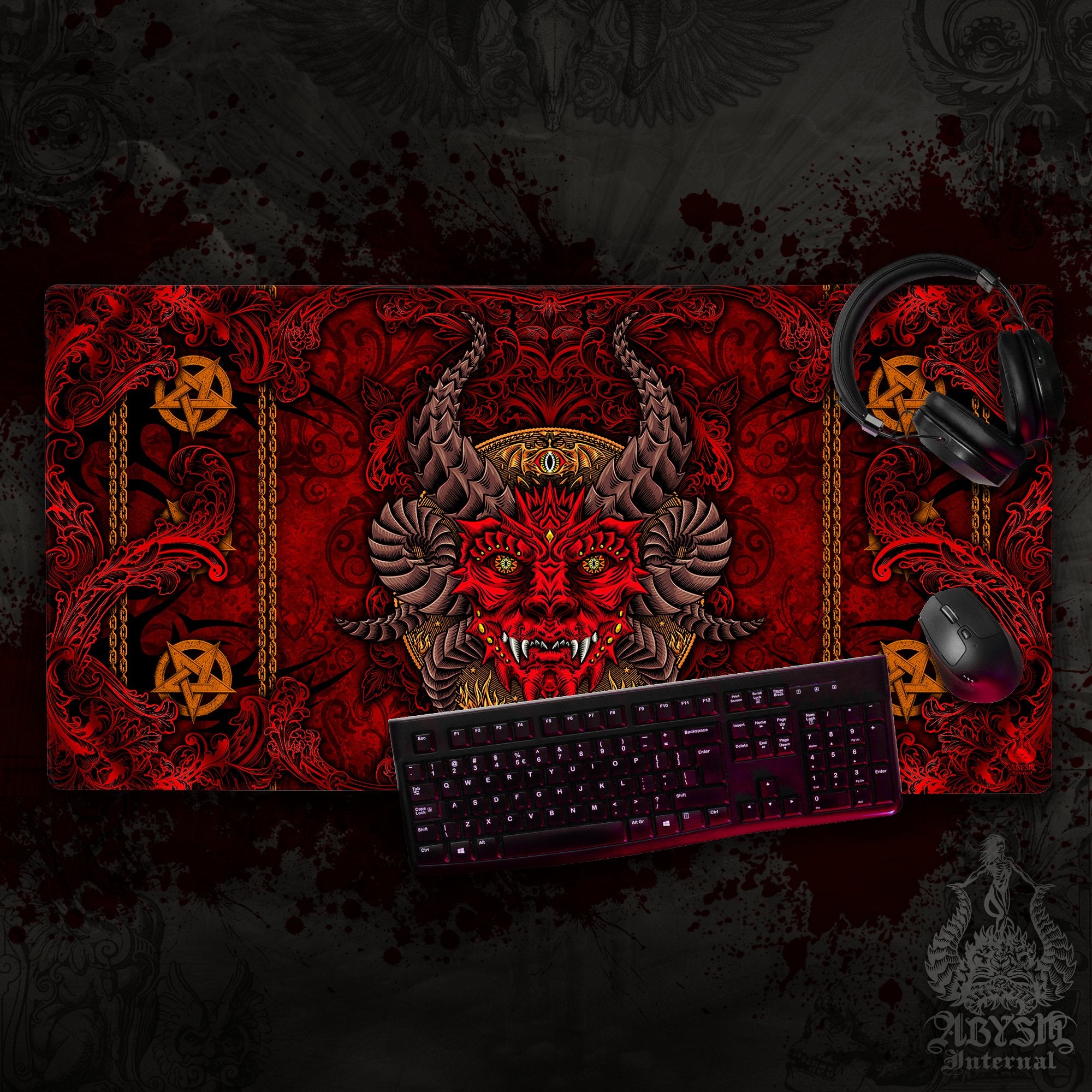 Devil Gaming Mouse Pad, Satanic Desk Mat, Demon Table Protector Cover, Lucifer Workpad, Dark Art Print - Black and Red, 2 Colors - Abysm Internal
