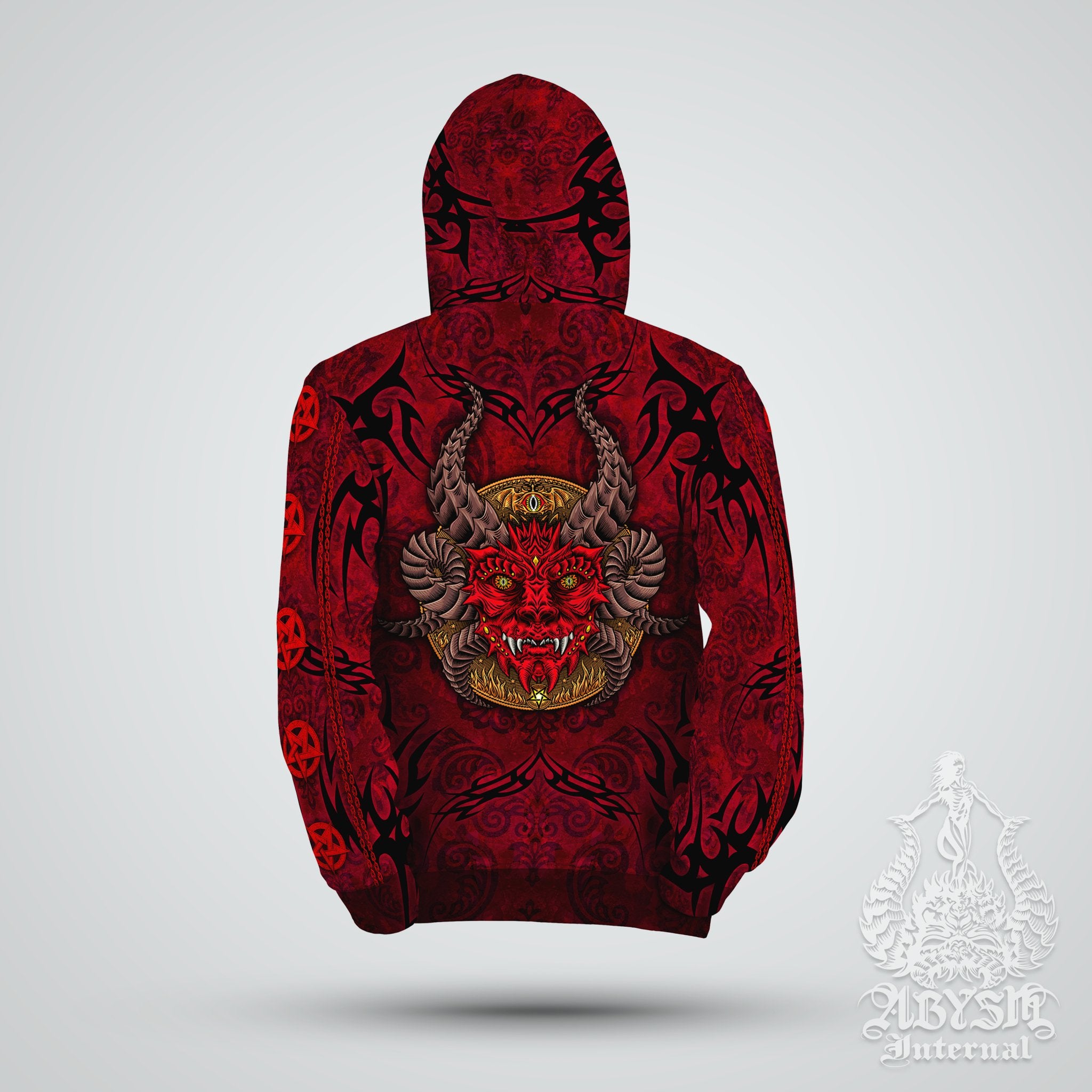 Devil Hoodie, Satanic Streetwear, Gothic Pentagram Outfit, Black Metal Concert Sweater, Alternative Clothing, Unisex - Lucifer, Black or Red, 2 Colors - Abysm Internal