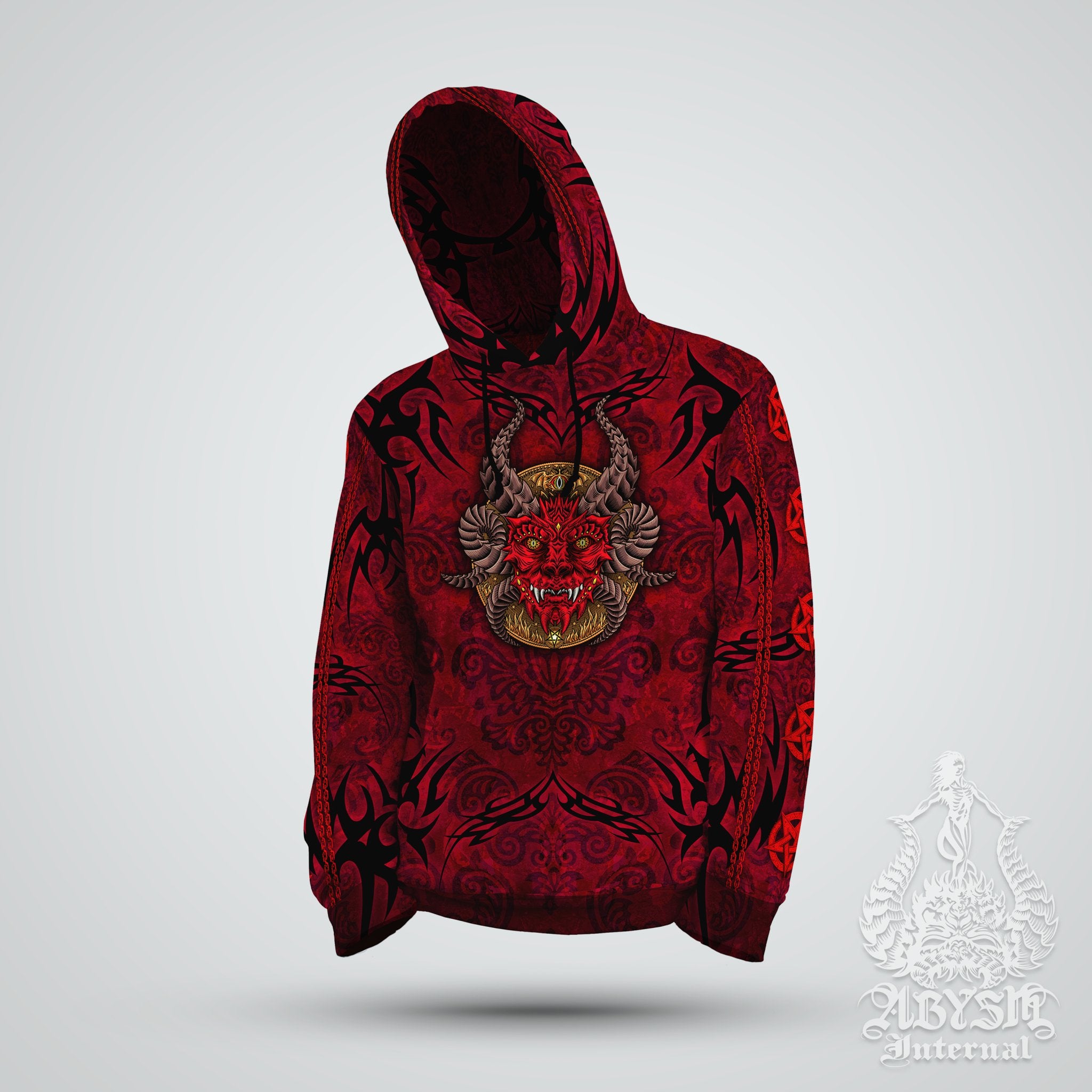 Devil Hoodie, Satanic Streetwear, Gothic Pentagram Outfit, Black Metal Concert Sweater, Alternative Clothing, Unisex - Lucifer, Black or Red, 2 Colors - Abysm Internal