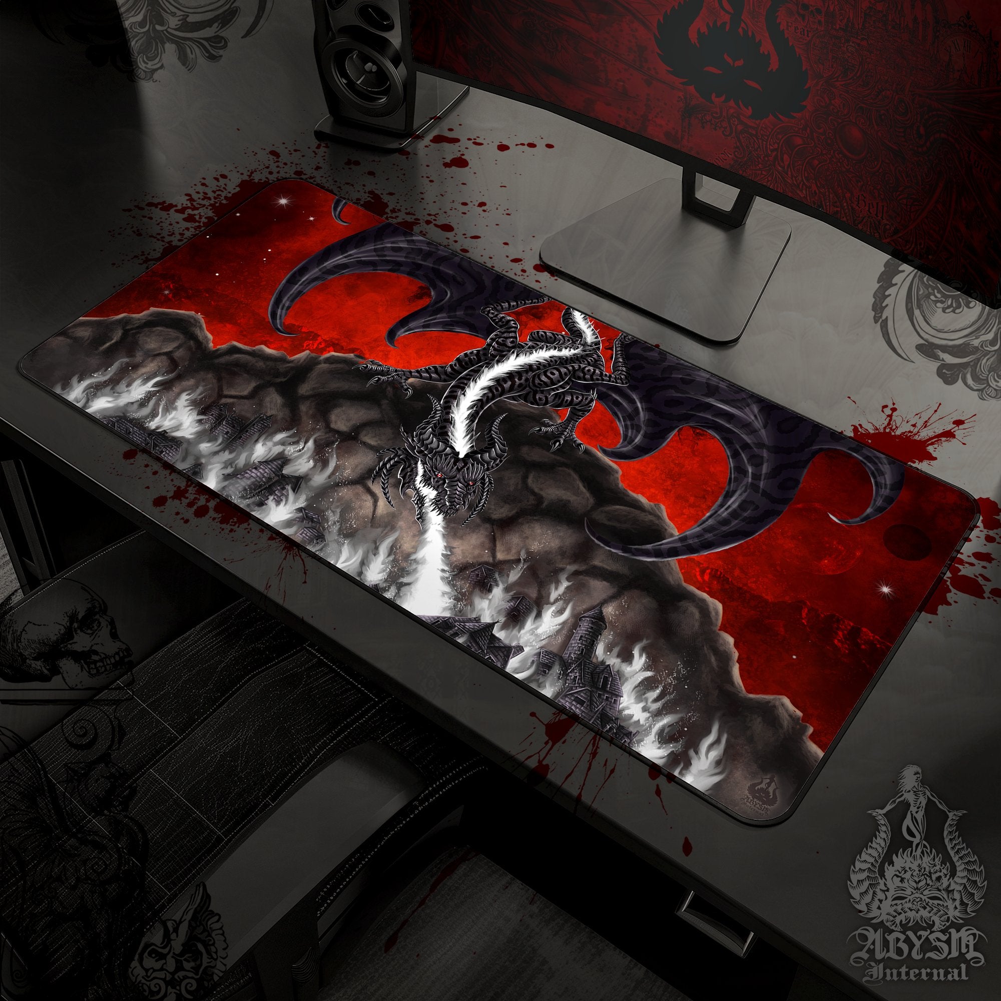 Dragon Desk Mat, Fantasy Art Gaming Mouse Pad, Red, White and Black Table Protector Cover, RPG Workpad, DM Gift Print - Fire - Abysm Internal