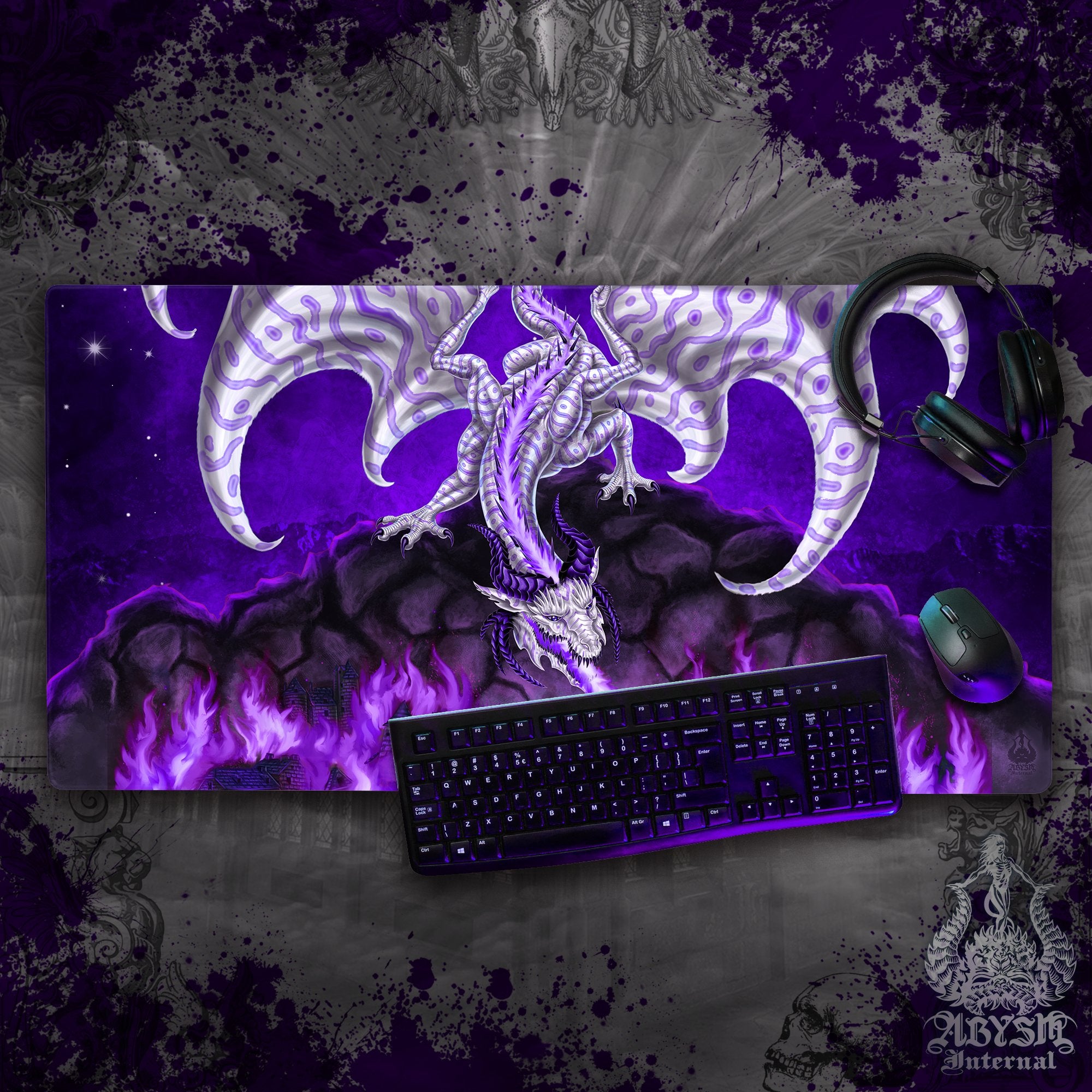 Dragon Desk Mat, Fantasy Art Gaming Mouse Pad, White Goth Purple Table Protector Cover, RPG Workpad, DM Gift Print - Fire - Abysm Internal