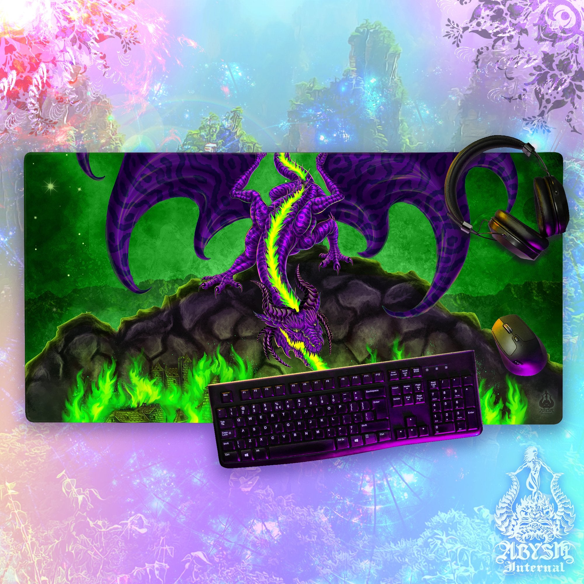 Dragon Gaming Desk Mat, Fantasy Art Mouse Pad, Purple and Green Table Protector Cover, RPG Workpad, DM Gift Print - Fire - Abysm Internal