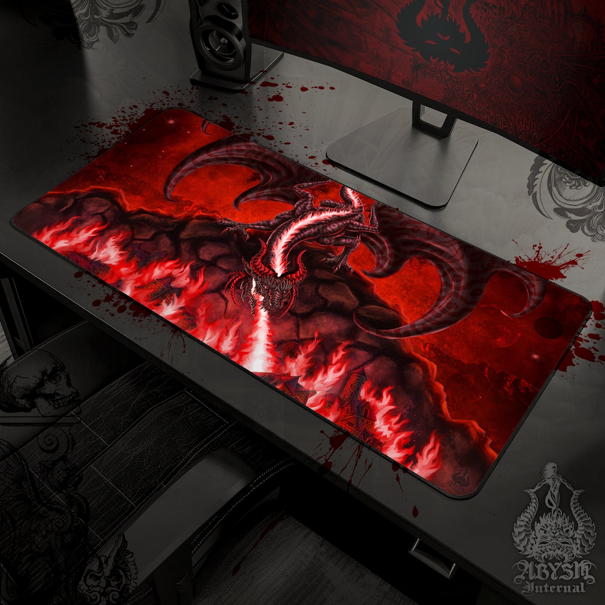 Dragon Gaming Desk Mat, Fantasy Art Mouse Pad, Red and Black Table Protector Cover, RPG Workpad, DM Gift Print - Fire - Abysm Internal