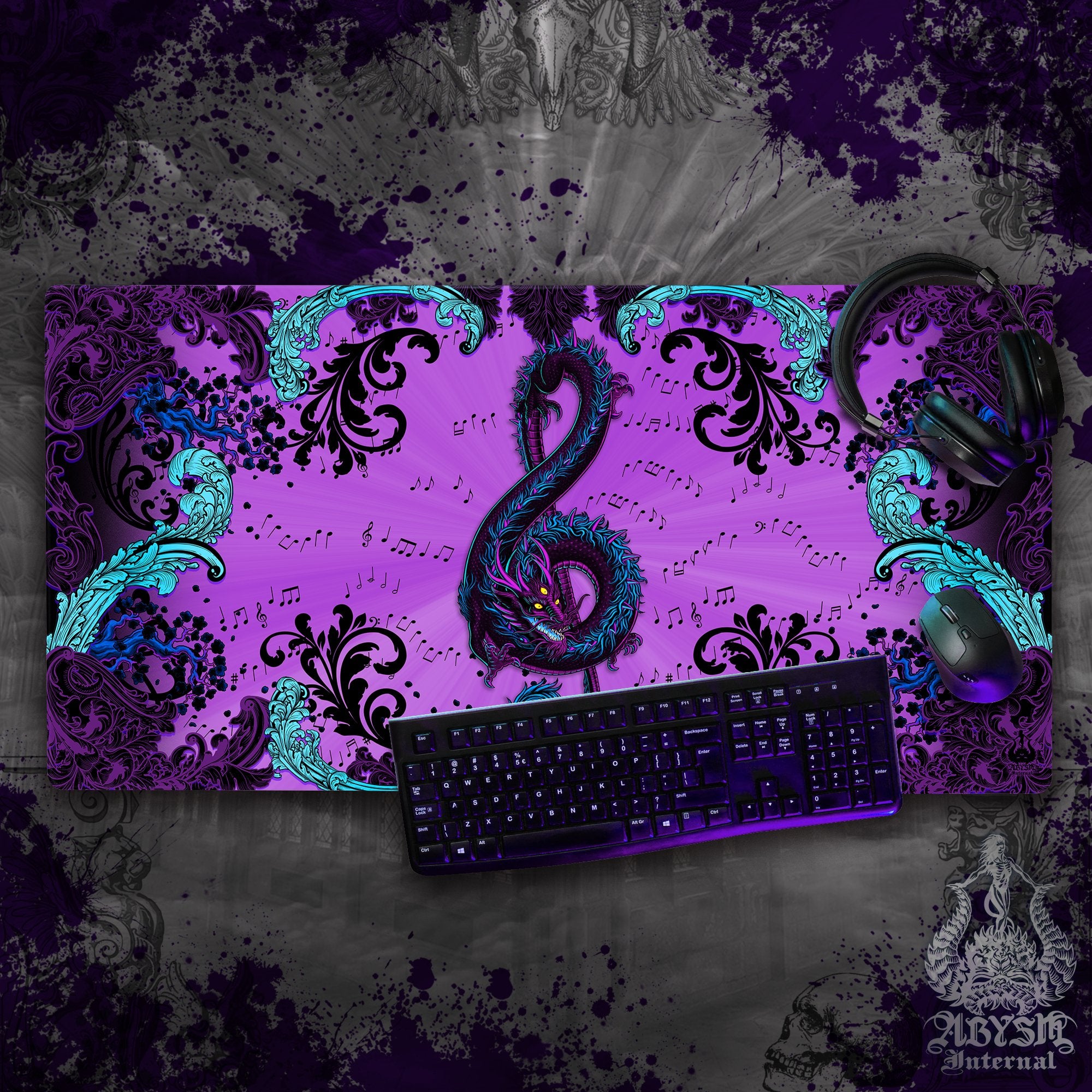 Dragon Gaming Desk Mat, Music Mouse Pad, Pastel Goth Table Protector Cover, Asian Workpad, Treble Clef Art Print - Black Purple - 2 Options - Abysm Internal