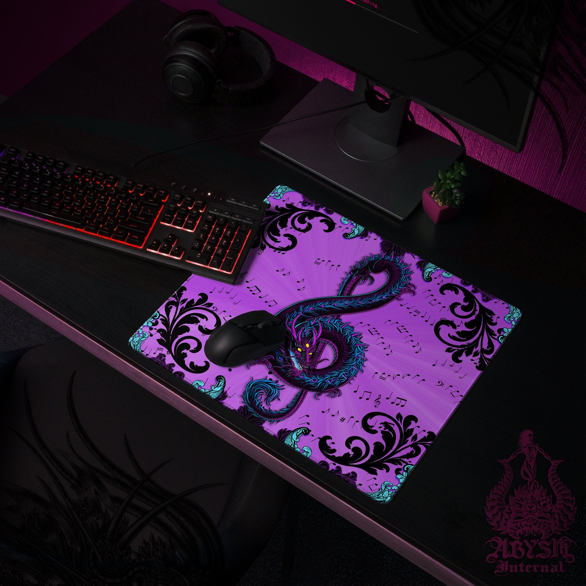 Dragon Gaming Desk Mat, Music Mouse Pad, Pastel Goth Table Protector Cover, Asian Workpad, Treble Clef Art Print - Black Purple - 2 Options - Abysm Internal