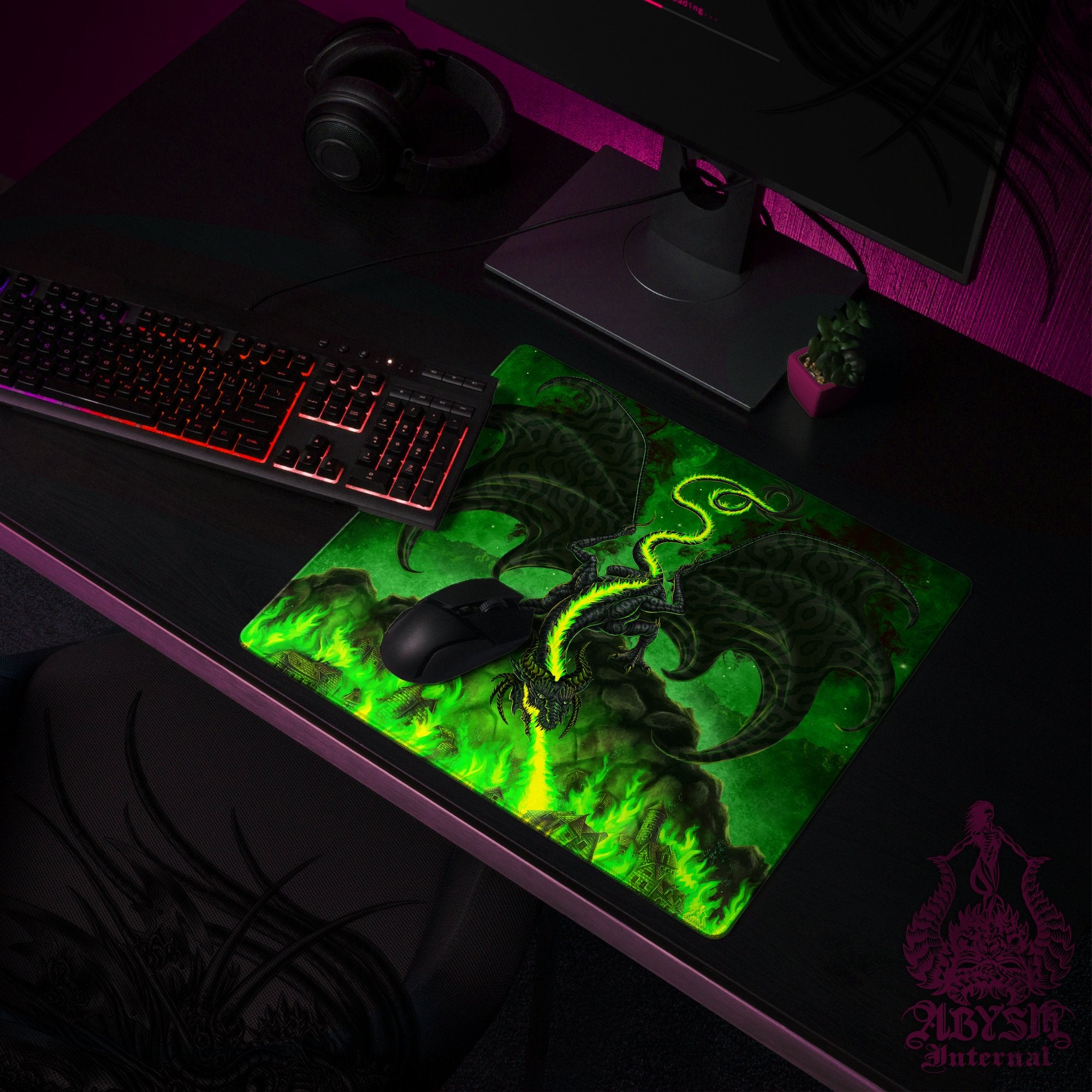 Dragon Gaming Mouse Pad, Fantasy Art Desk Mat, Black and Green Table Protector Cover, RPG Workpad, DM Gift Print - Fire - Abysm Internal