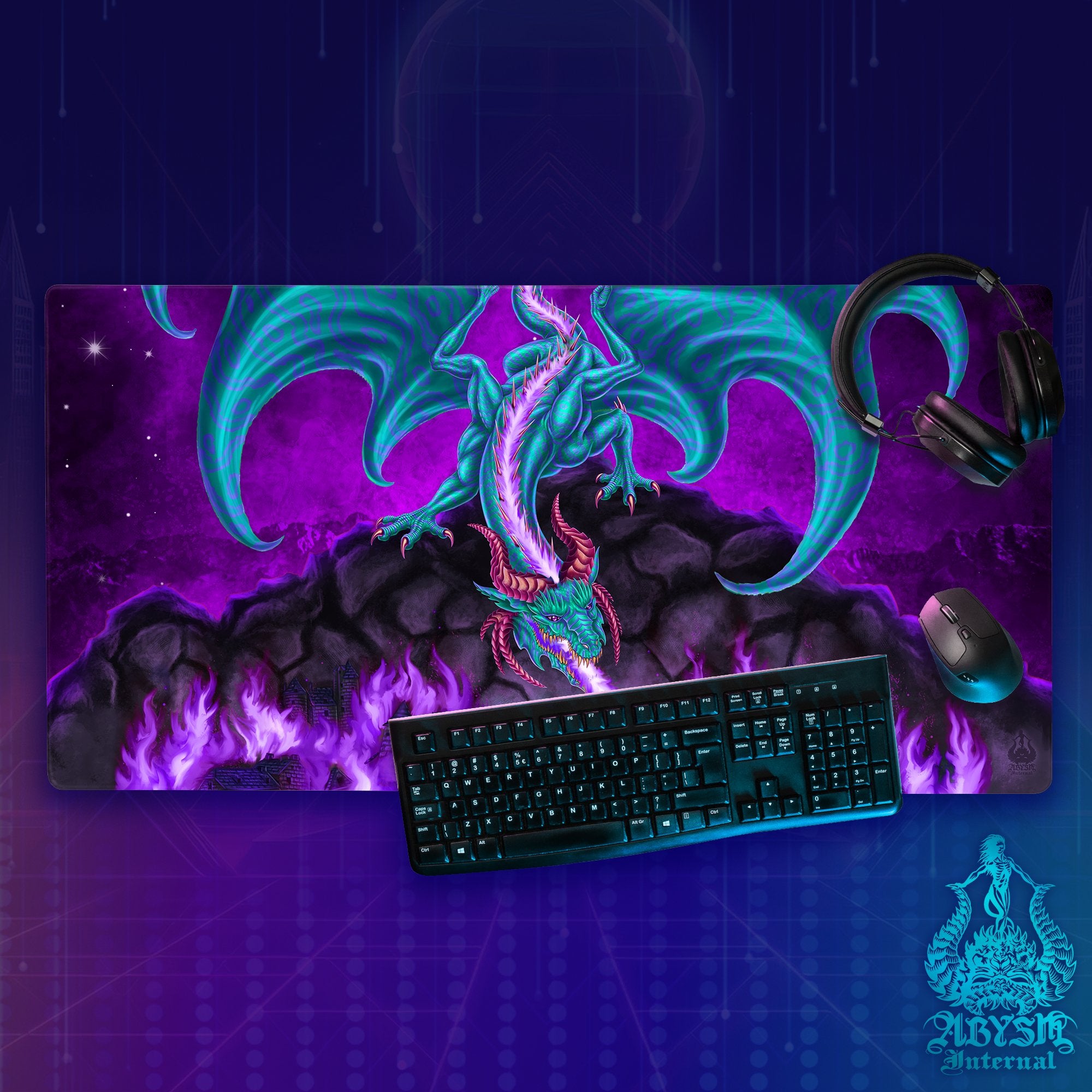 Dragon Gaming Mouse Pad, Fantasy Art Desk Mat, Veal and Purple Table Protector Cover, RPG Workpad, DM Gift Print - Fire - Abysm Internal