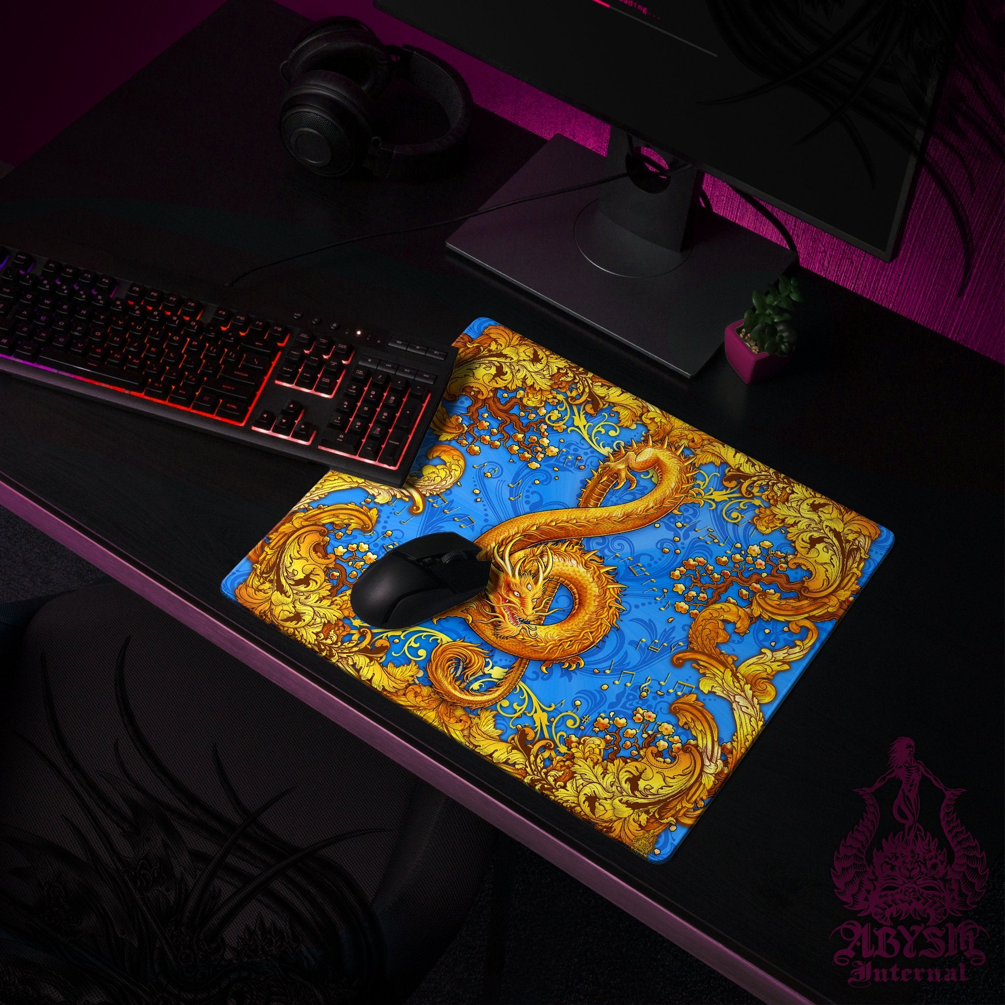 Dragon Gaming Mouse Pad, Music Desk Mat, Asian Table Protector Cover, Treble Clef Workpad, Chinese Fantasy Art Print - Cyan Gold - Abysm Internal