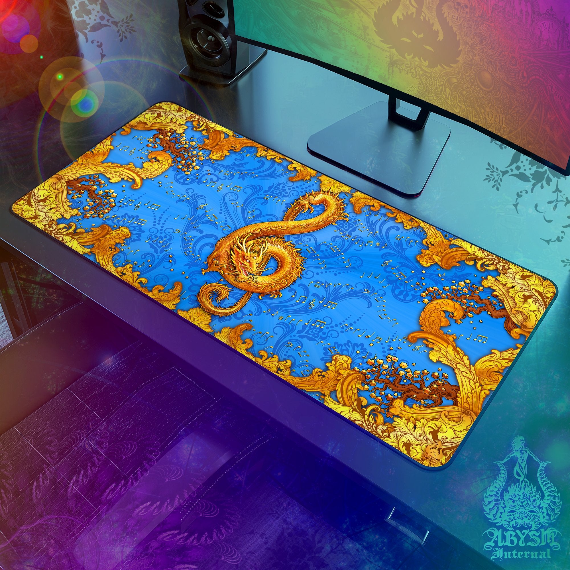 Dragon Gaming Mouse Pad, Music Desk Mat, Asian Table Protector Cover, Treble Clef Workpad, Chinese Fantasy Art Print - Cyan Gold - Abysm Internal
