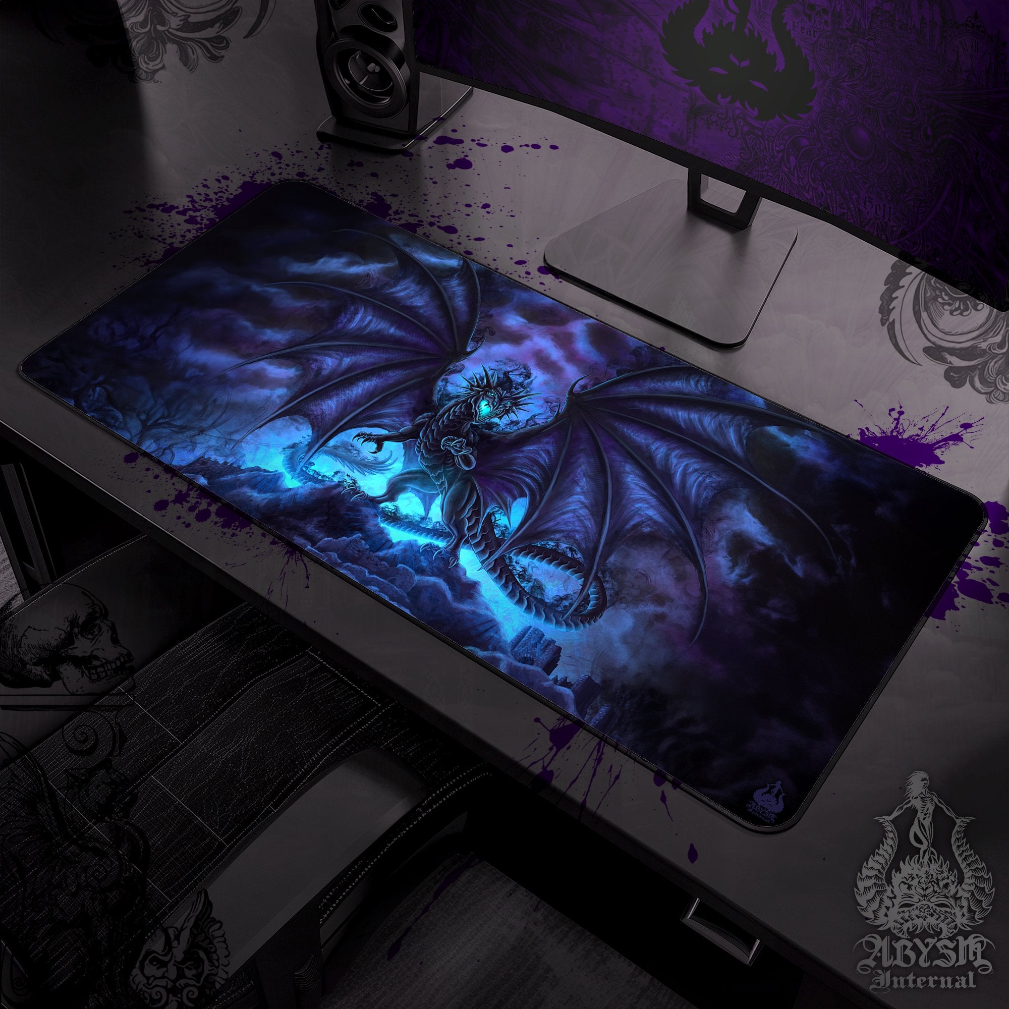 Dragon Gaming Mouse Pad, Shadow Desk Mat, Lethus Dragon Table Protector Cover, RPG Workpad, Print DM Gift - Blue Black - Abysm Internal